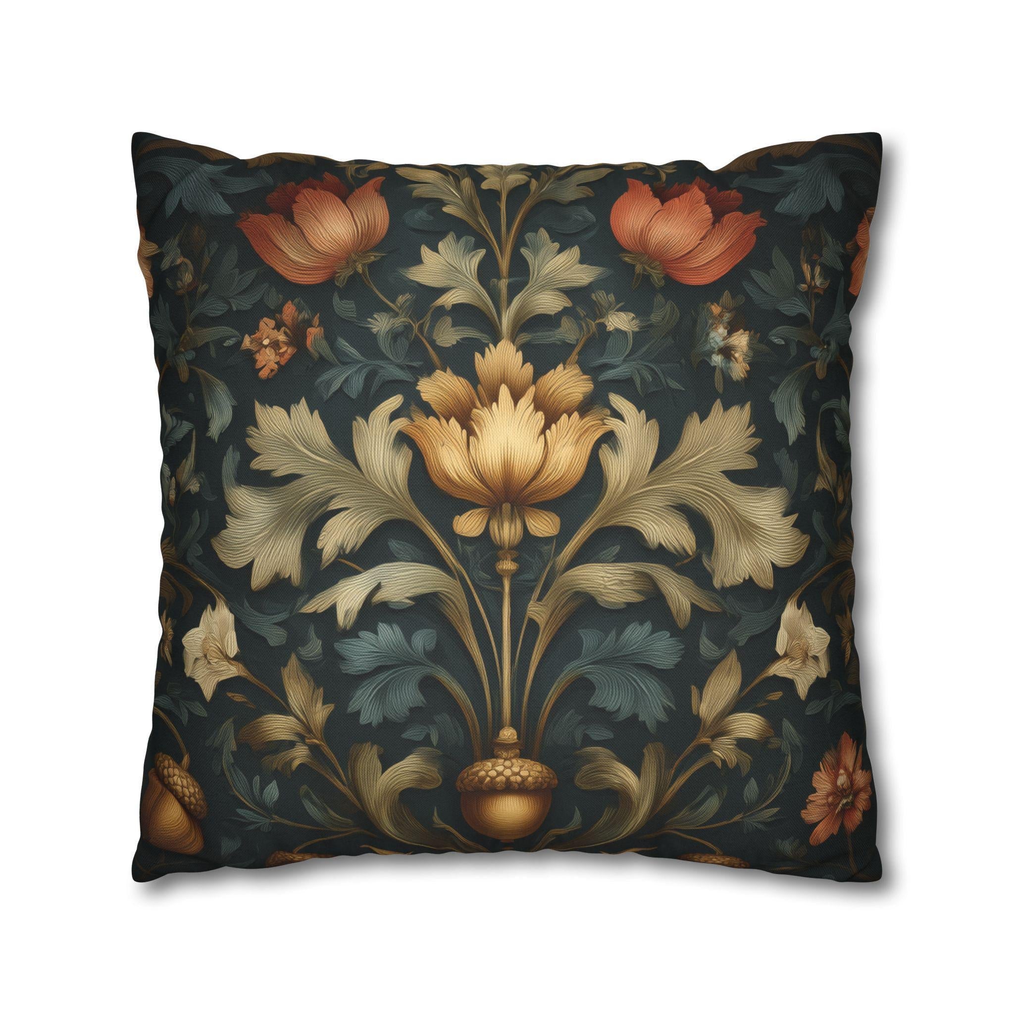 William Morris Inspired Fall Pillow Cover: Dark Teal Gold Rust Floral