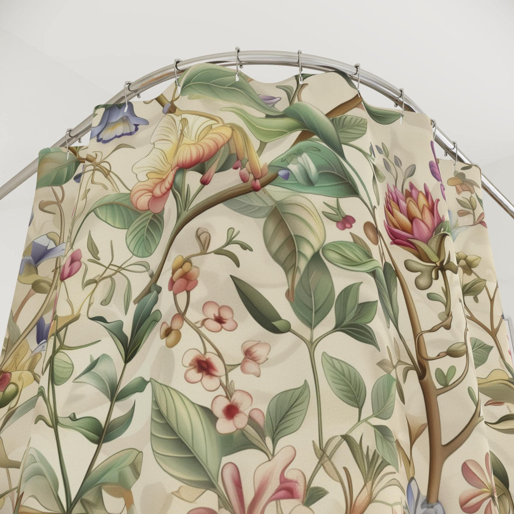 William Morris Shower Curtain: Vintage Botanical Vine and Floral Design on Cream Background
