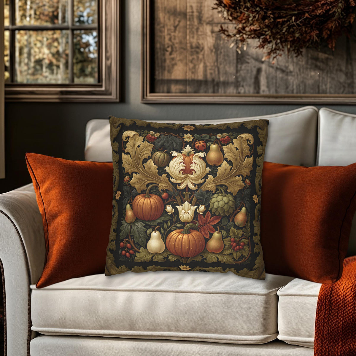 William Morris Inspired Fall Pillow Cover: Autumn Harvest Tapestry, Pumpkin, Pear & Gold