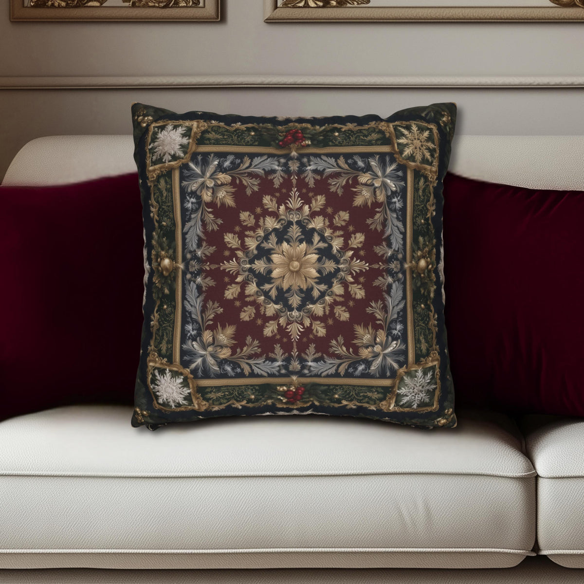 Baroque Christmas Pillow Cover: Burgundy Gold Navy Ornate Winter Damask, Traditional Holiday Decor