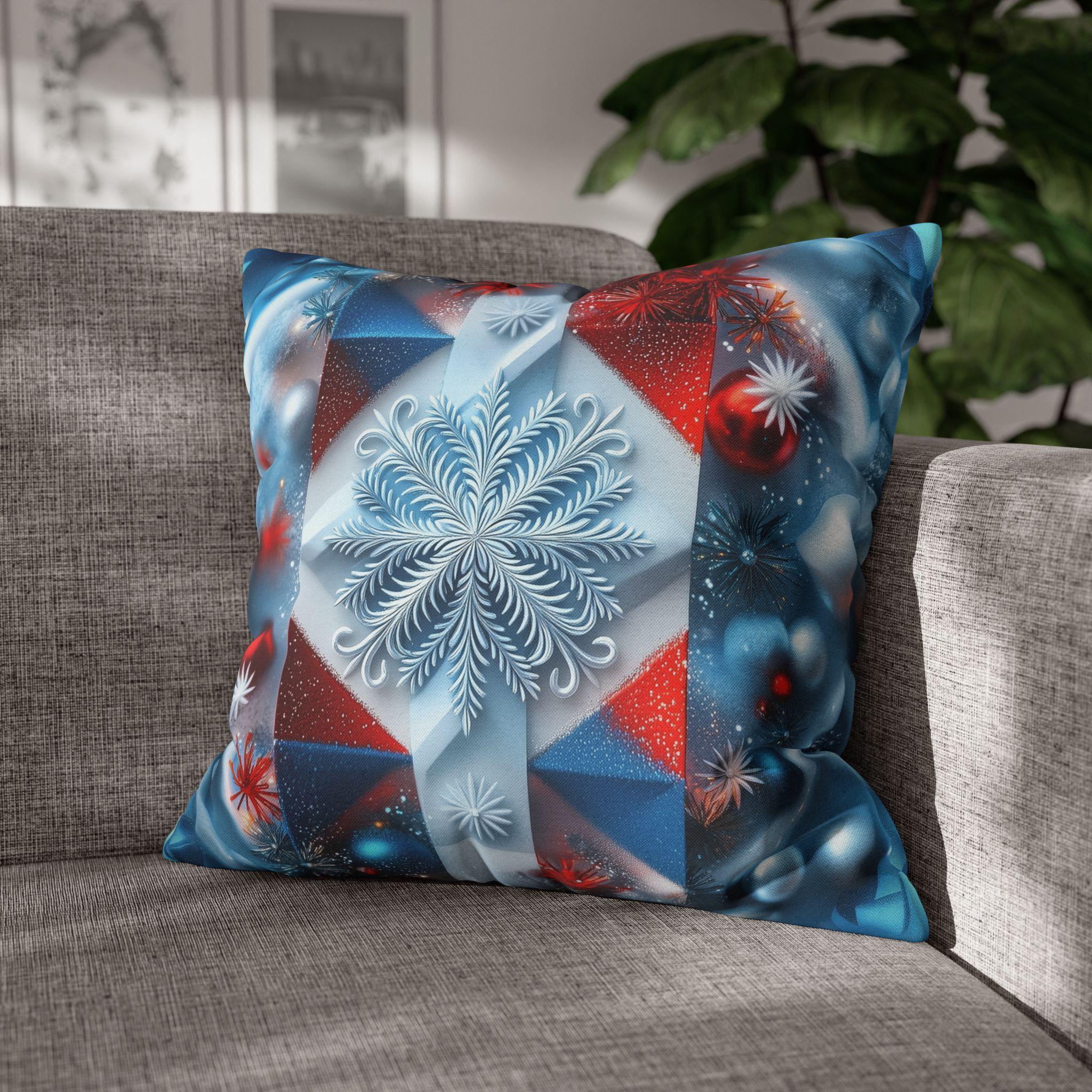 Winter Snowflake Pillow Cover, Geometric Holiday Throw Cushion, Red White Blue