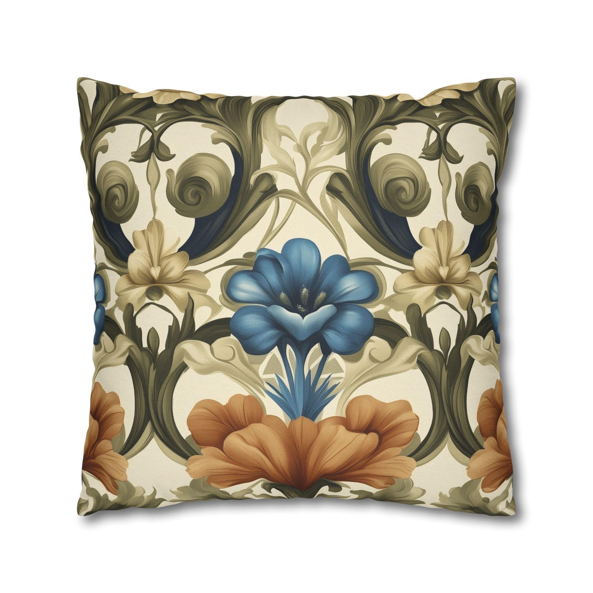 William Morris Floral Pillow Cover: Blue, Orange Blooms, Elegant Home Decor