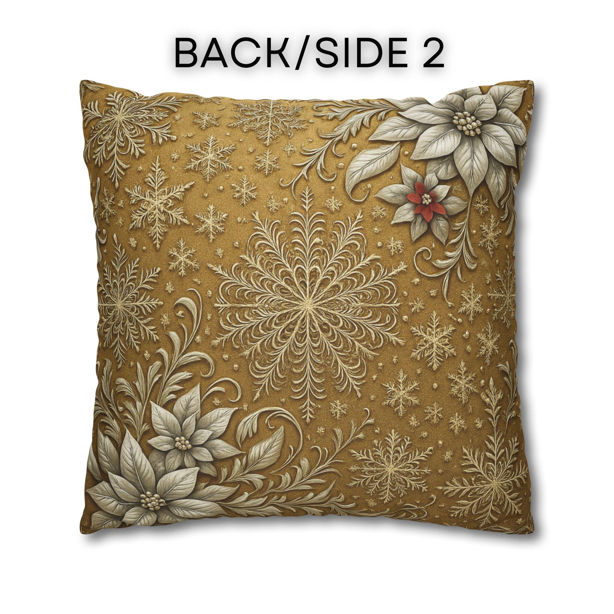 Elegant Vintage Inspired Pillow Cover: Silver Poinsettia and Snowflakes on a Rich Golden Background