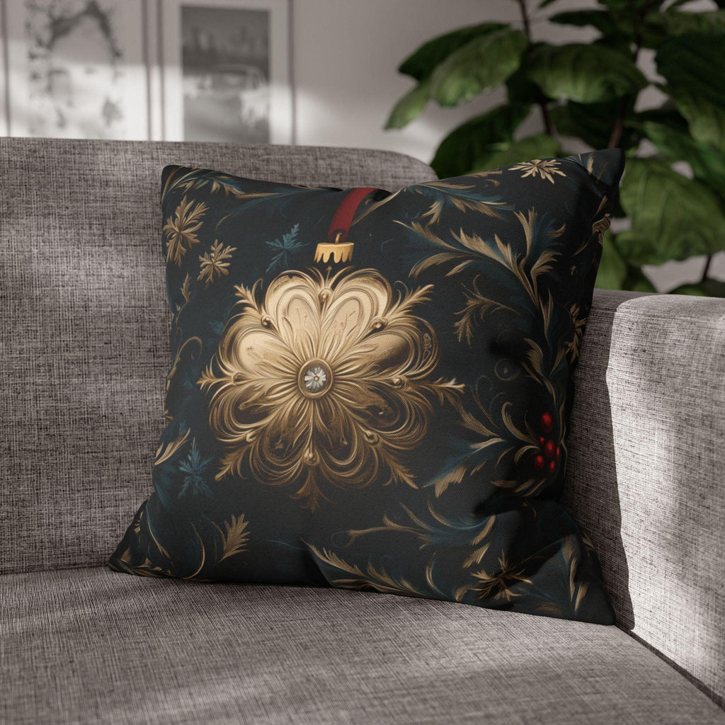 Elegant Navy & Gold Christmas Pillow Cover with Red Berries