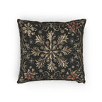 Christmas Woven Throw Pillow, Ivory Gold Snowflakes and Red Poinsettias on Deep Charcoal