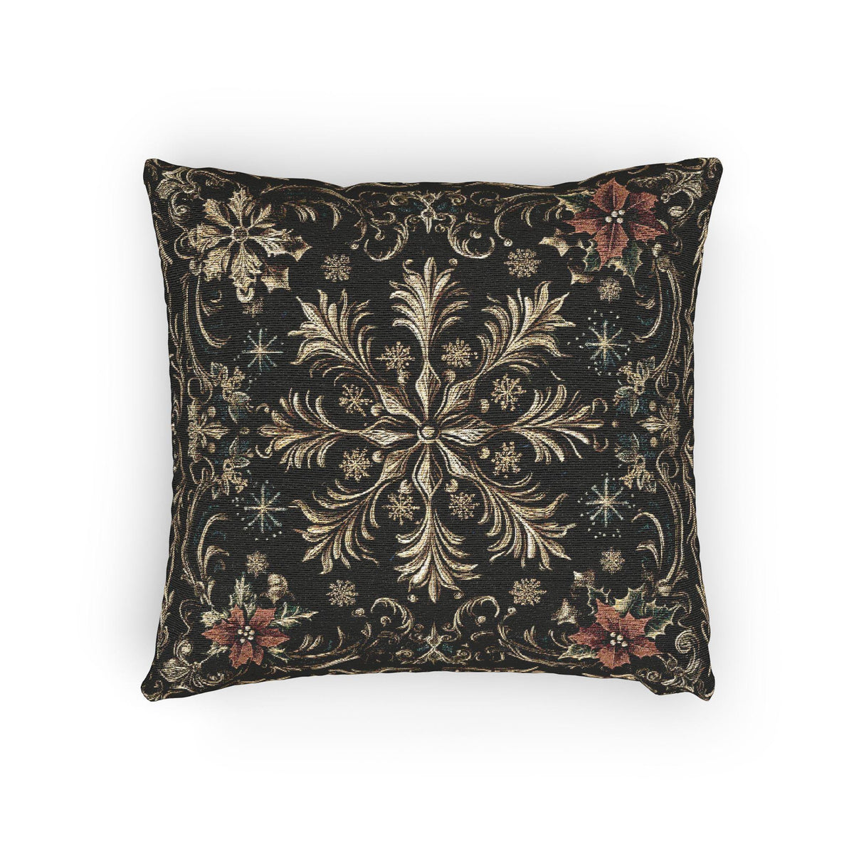 Christmas Woven Throw Pillow, Ivory Gold Snowflakes and Red Poinsettias on Deep Charcoal
