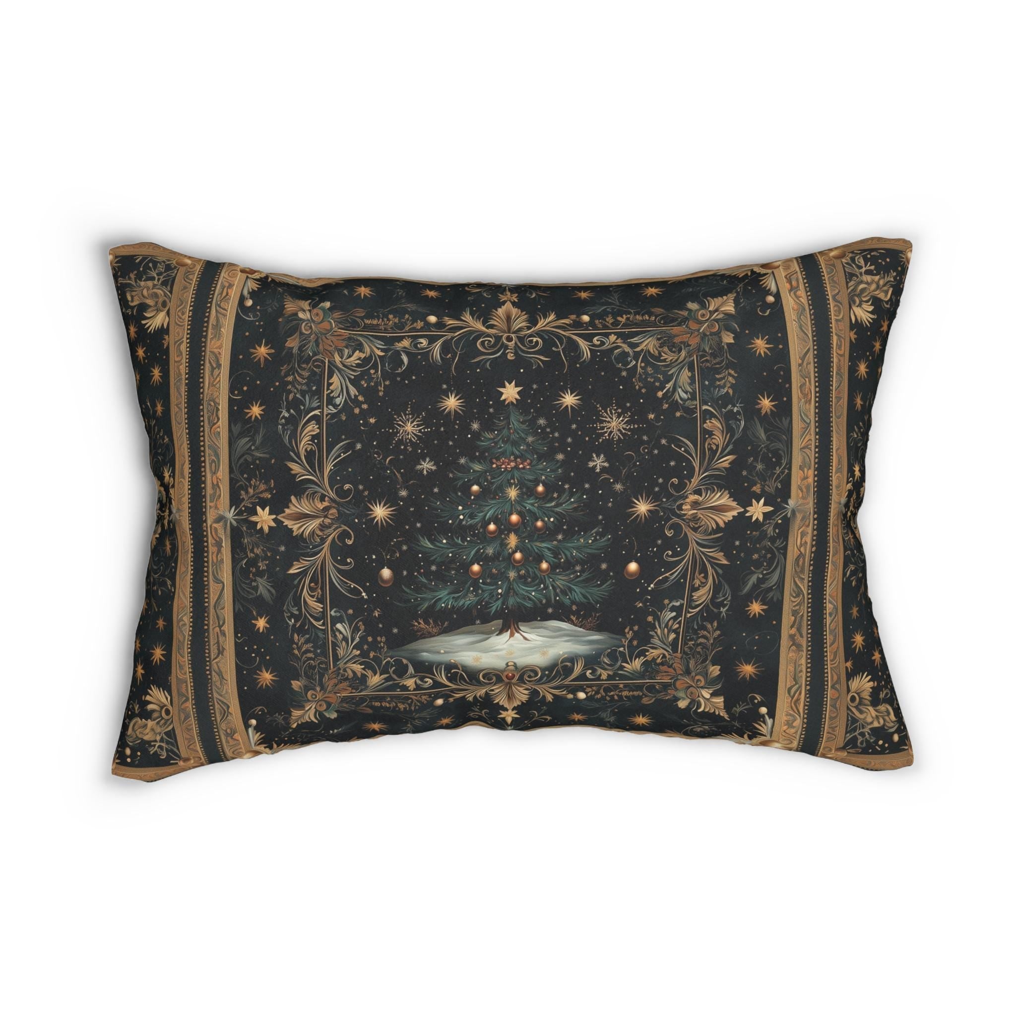 William Morris Christmas Tree Lumbar Pillow: Starry Night Holiday Decor Elegant Gold Botanical Style