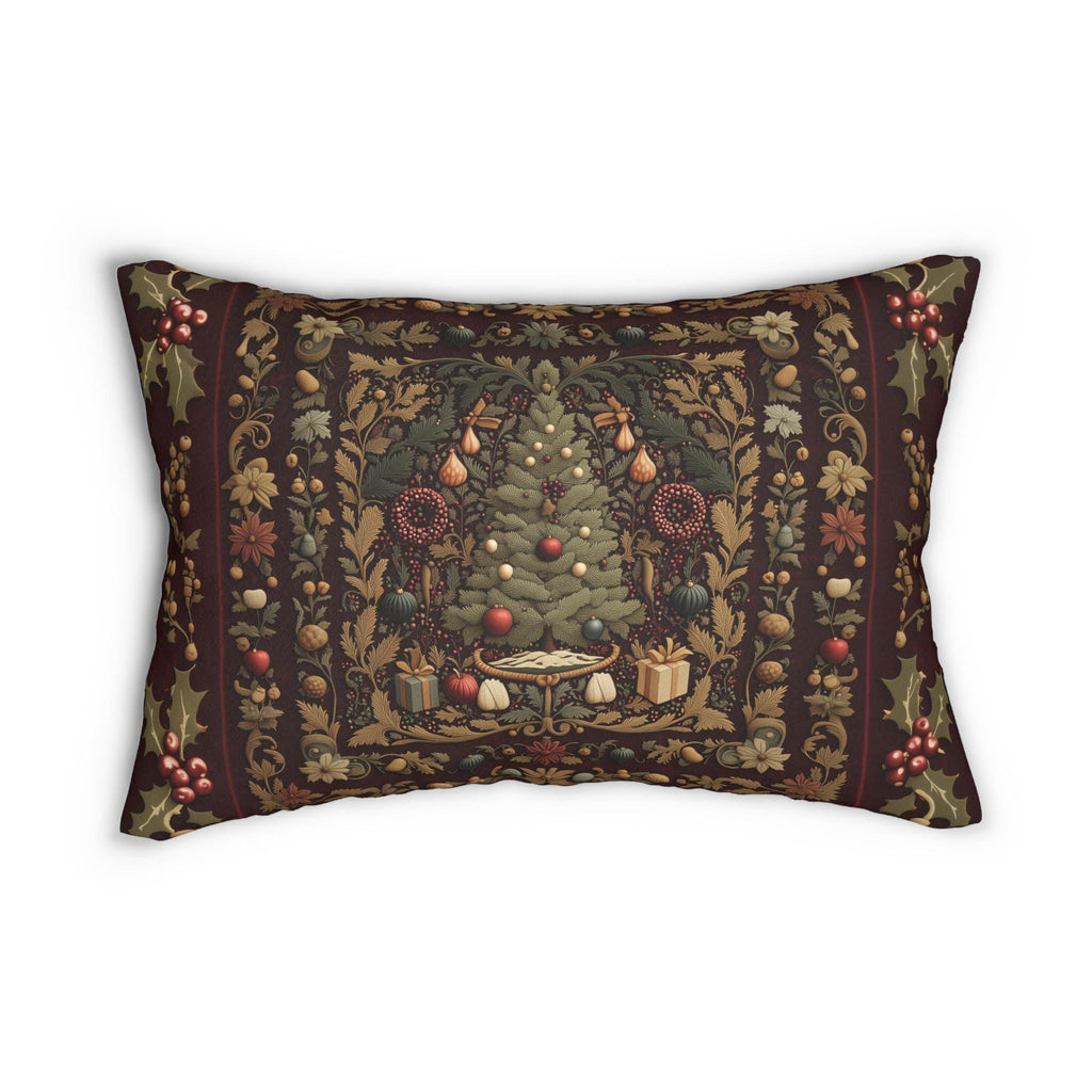 William Morris Christmas Tree Lumbar Pillow: Burgundy Holiday Tapestry Look