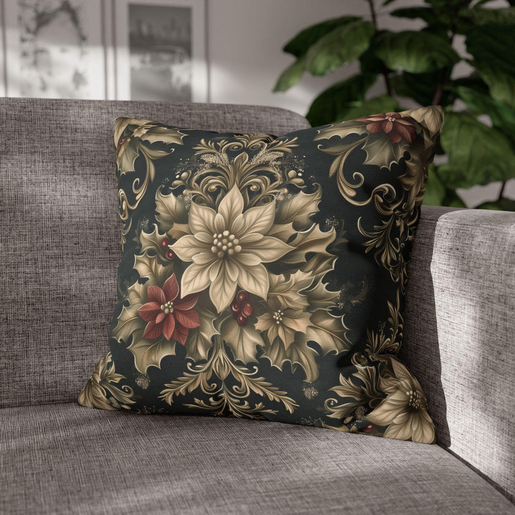 Vintage Style William Morris Christmas Pillow Cover: Poinsettia & Holly on Charcoal Cushion