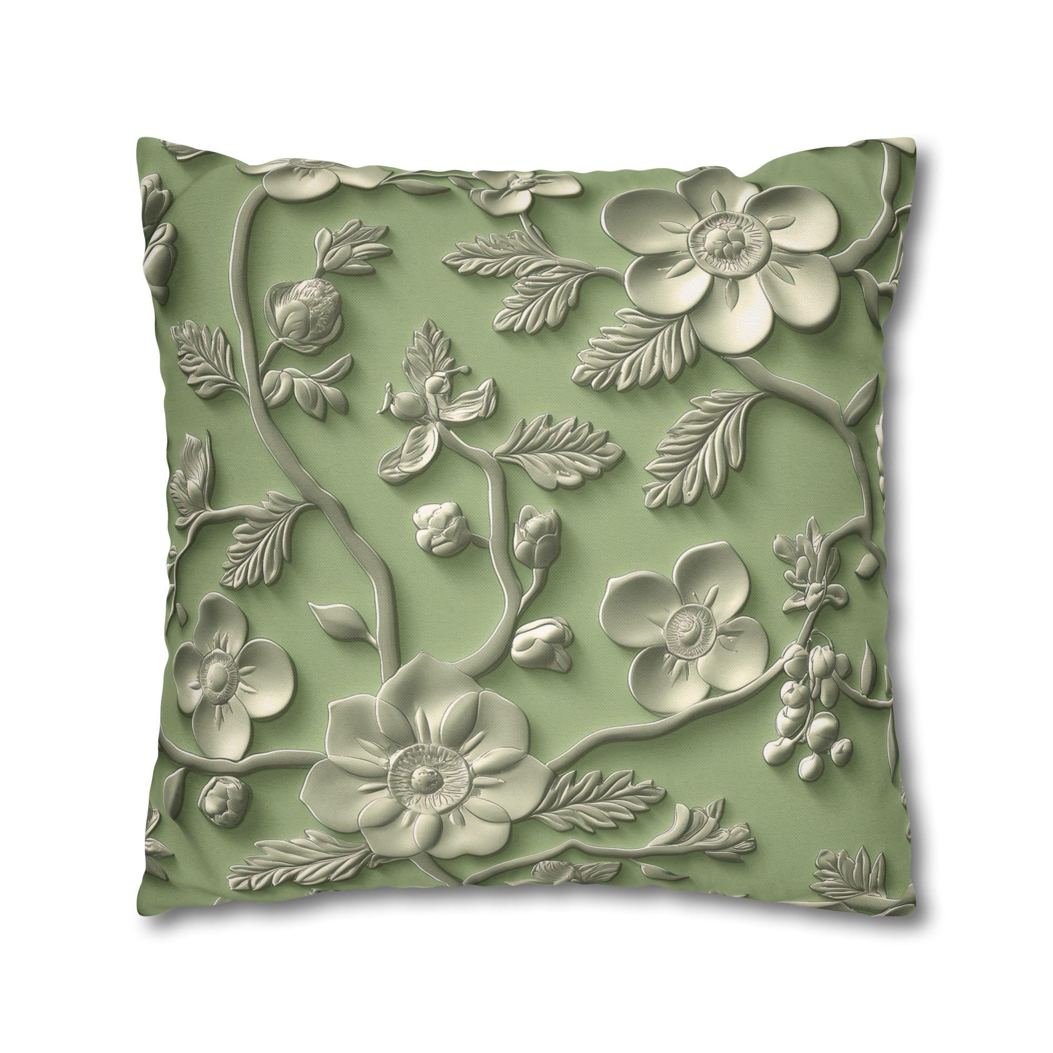Elegant Chinoiserie Floral Pillow Cover: Green & Tan Pottery-Inspired Design for Timeless Asian Decor