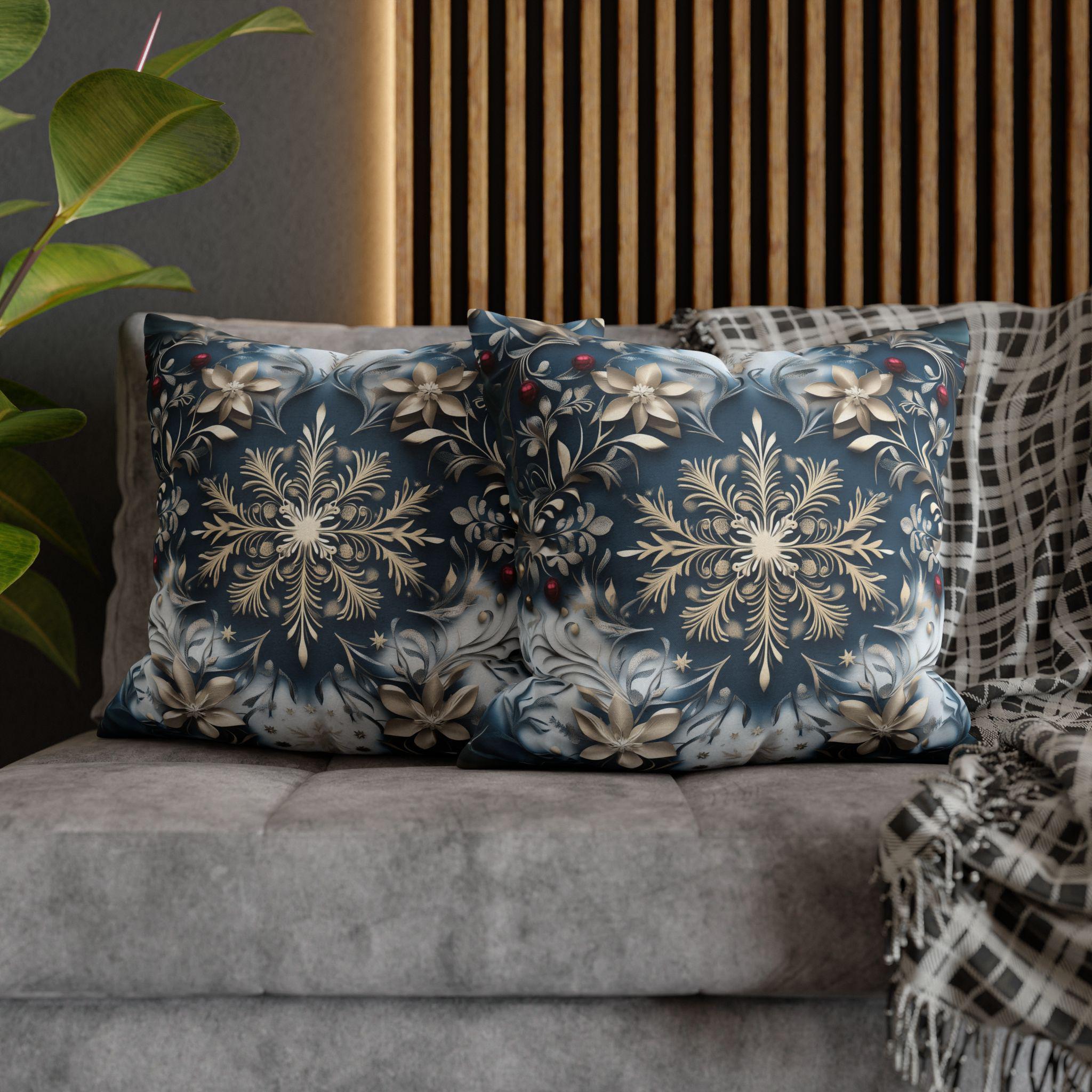 Opulent Golden Snowflake Pillowcase: Festive Winter Decor, Luxurious Square Cushion Cover for Elegant Homes