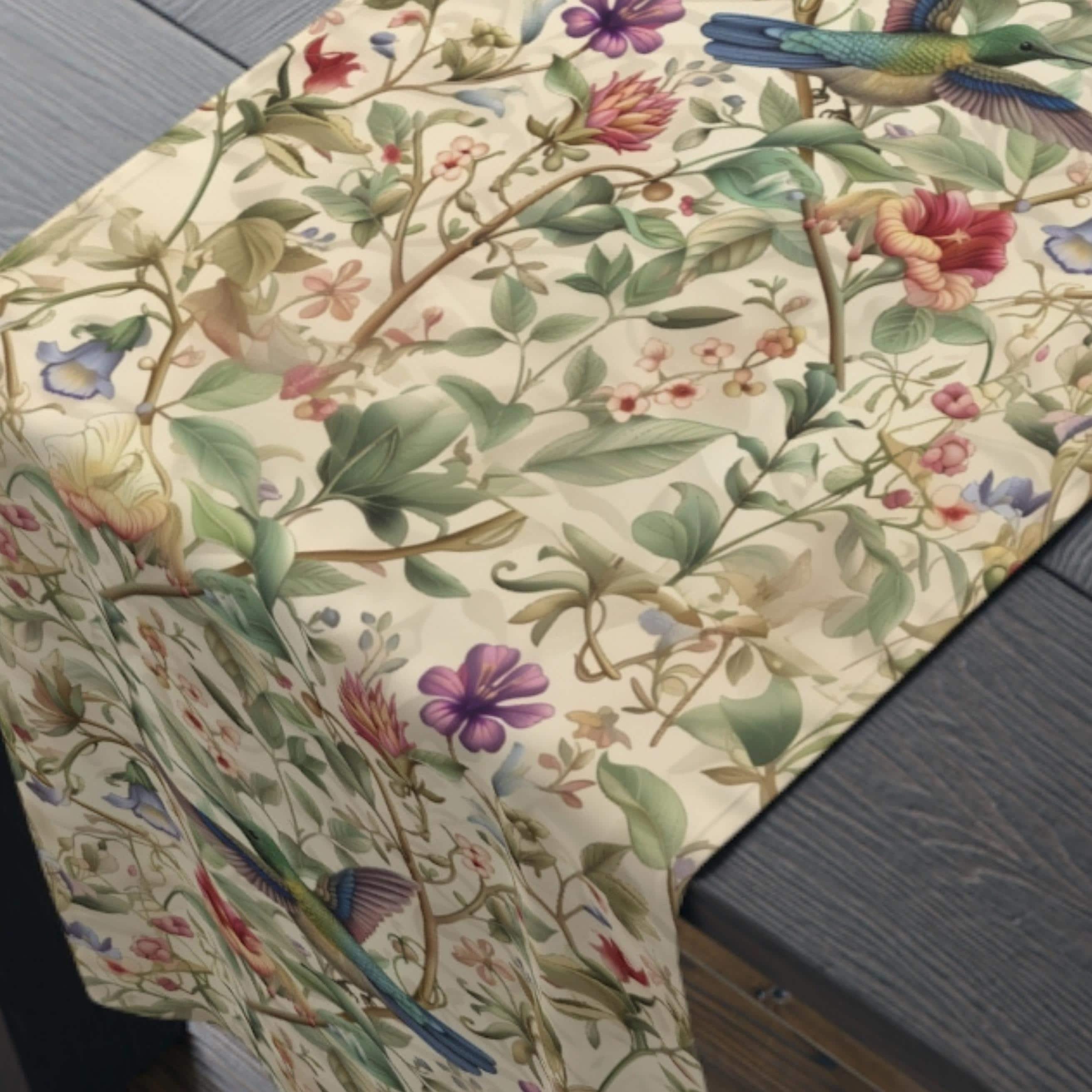 William Morris Table Runner: Vintage Style Floral Hummingbird Decor