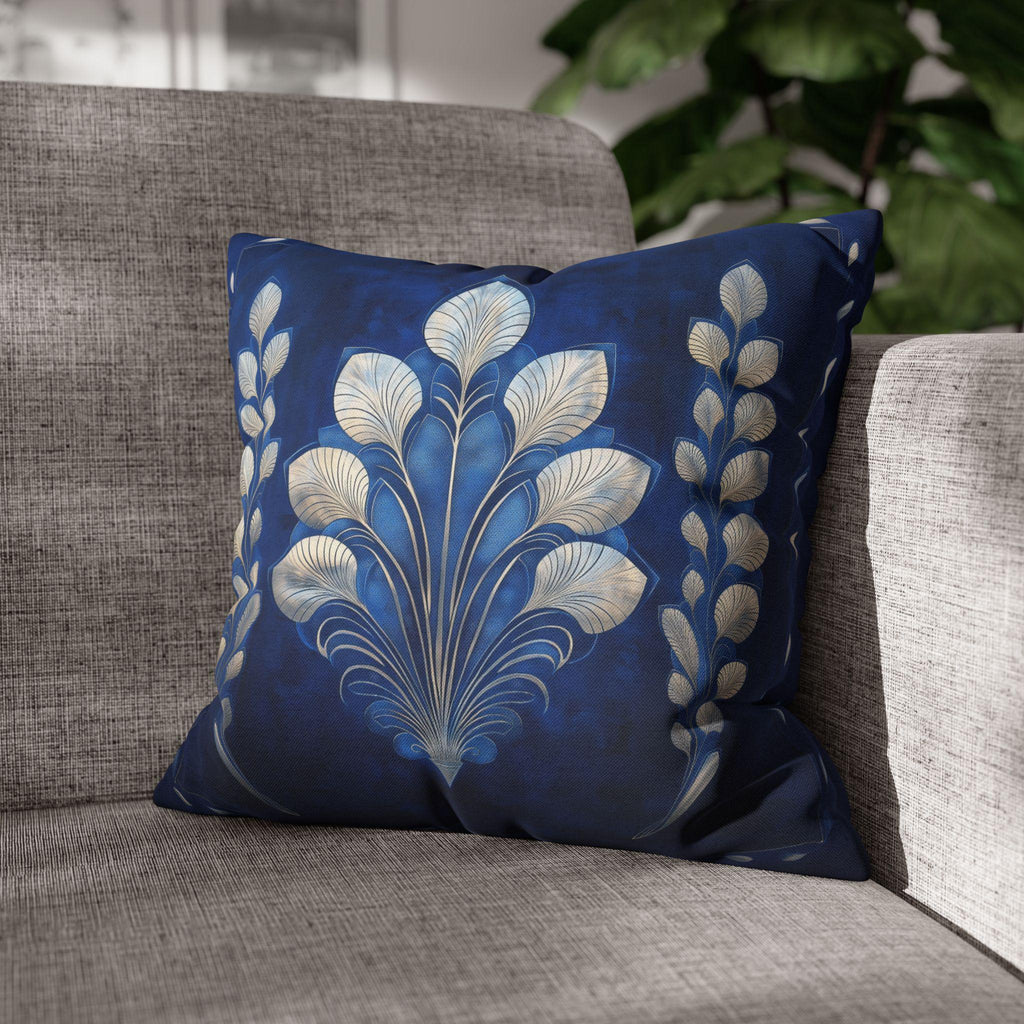Sapphire Blue Art Deco Pillow Cover: Silver Fan, Hollywood Glam