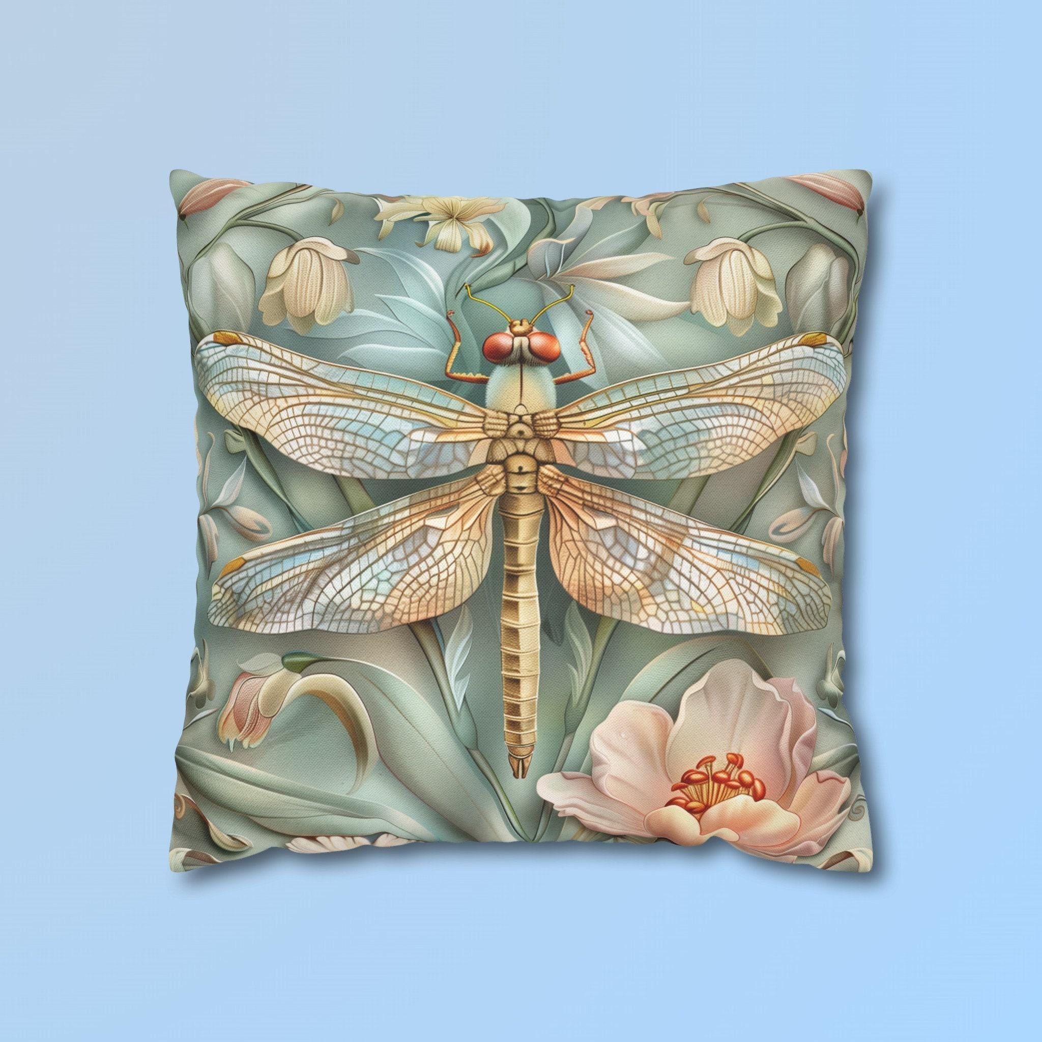 William Morris Inspired Dragonfly Pillow Cover: Elegant Blue, Gold & Pink Nature Design Gift