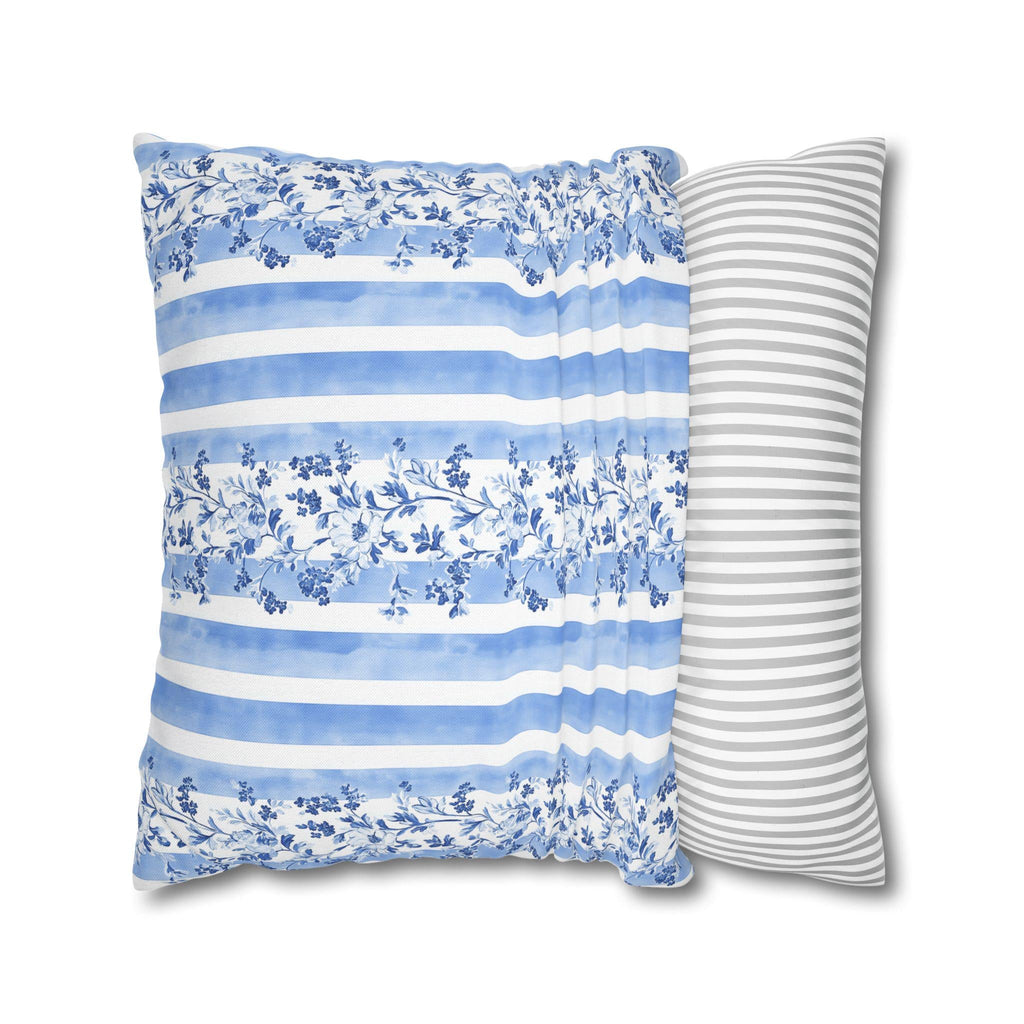 French Country Pillowcase: Blue & White Floral Striped Cushion Cover