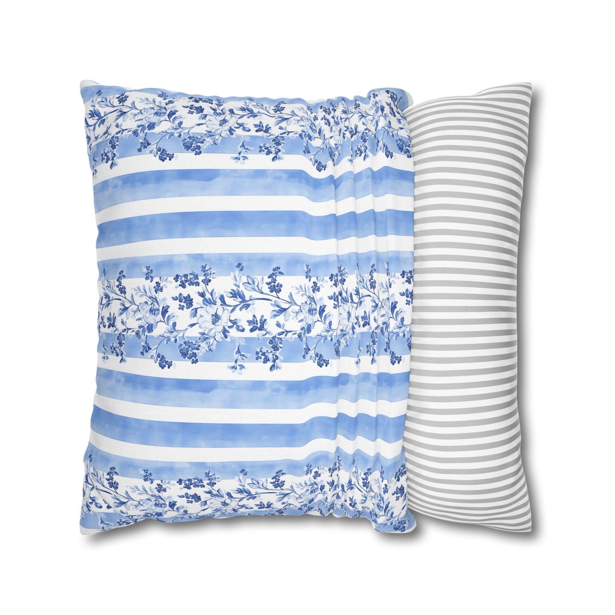 French Country Pillowcase: Blue & White Floral Striped Cushion Cover