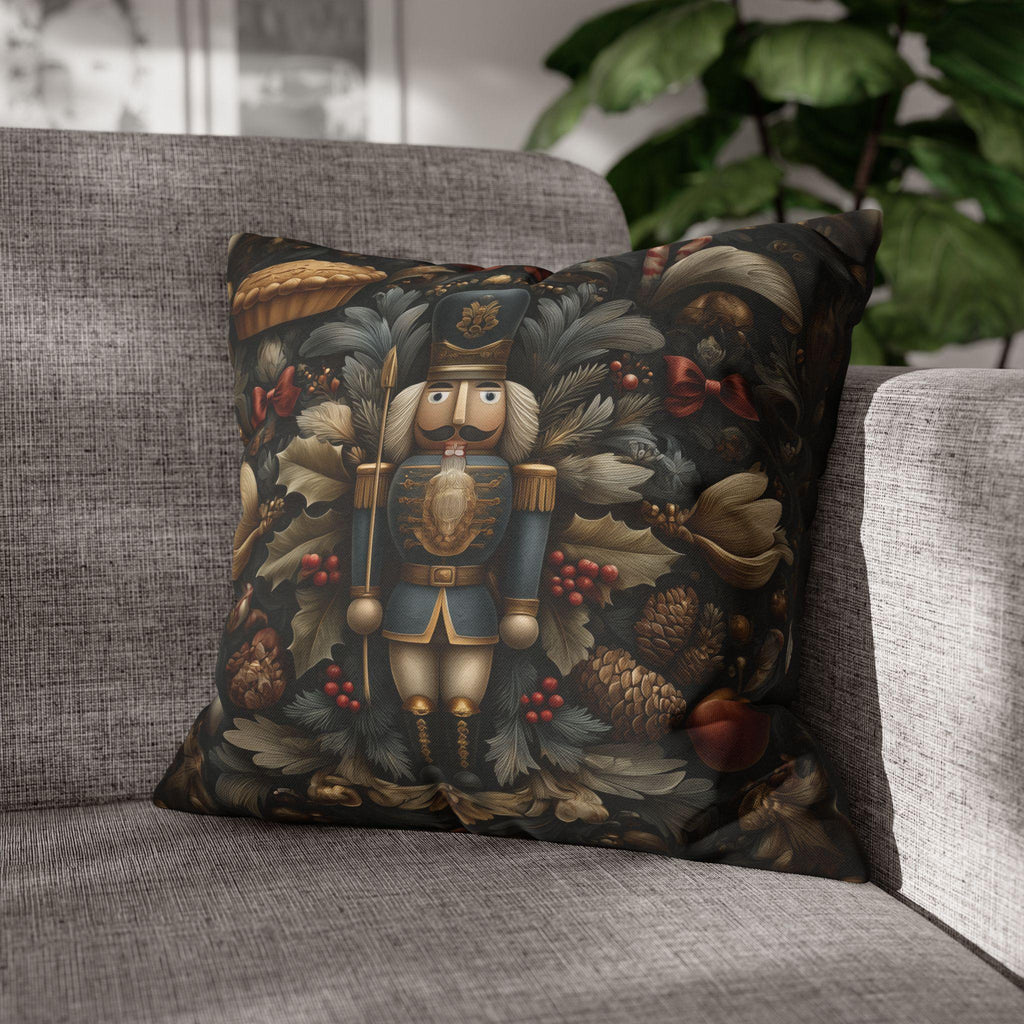 William Morris Inspired Nutcracker Christmas Pillow: Elegant Holiday Decor in Gray-Green, Gold & Red