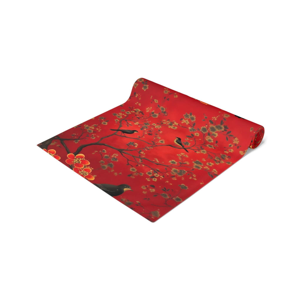 Elegant Red Chinoiserie Table Runner: Floral Branch with Black Birds for Asian-Inspired Dining Decor
