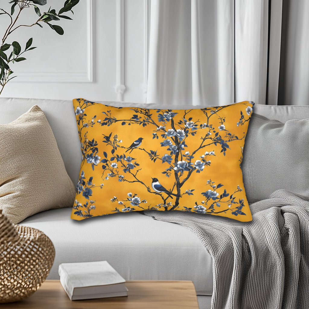 Elegant Chinoiserie Bird Lumbar Pillow: Golden Yellow & Blue Floral Cushion for Eclectic Decor