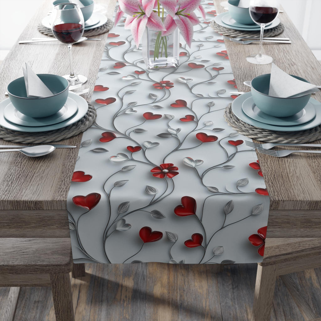 Table Runner: Romantic Red Flowers and Silver Vines