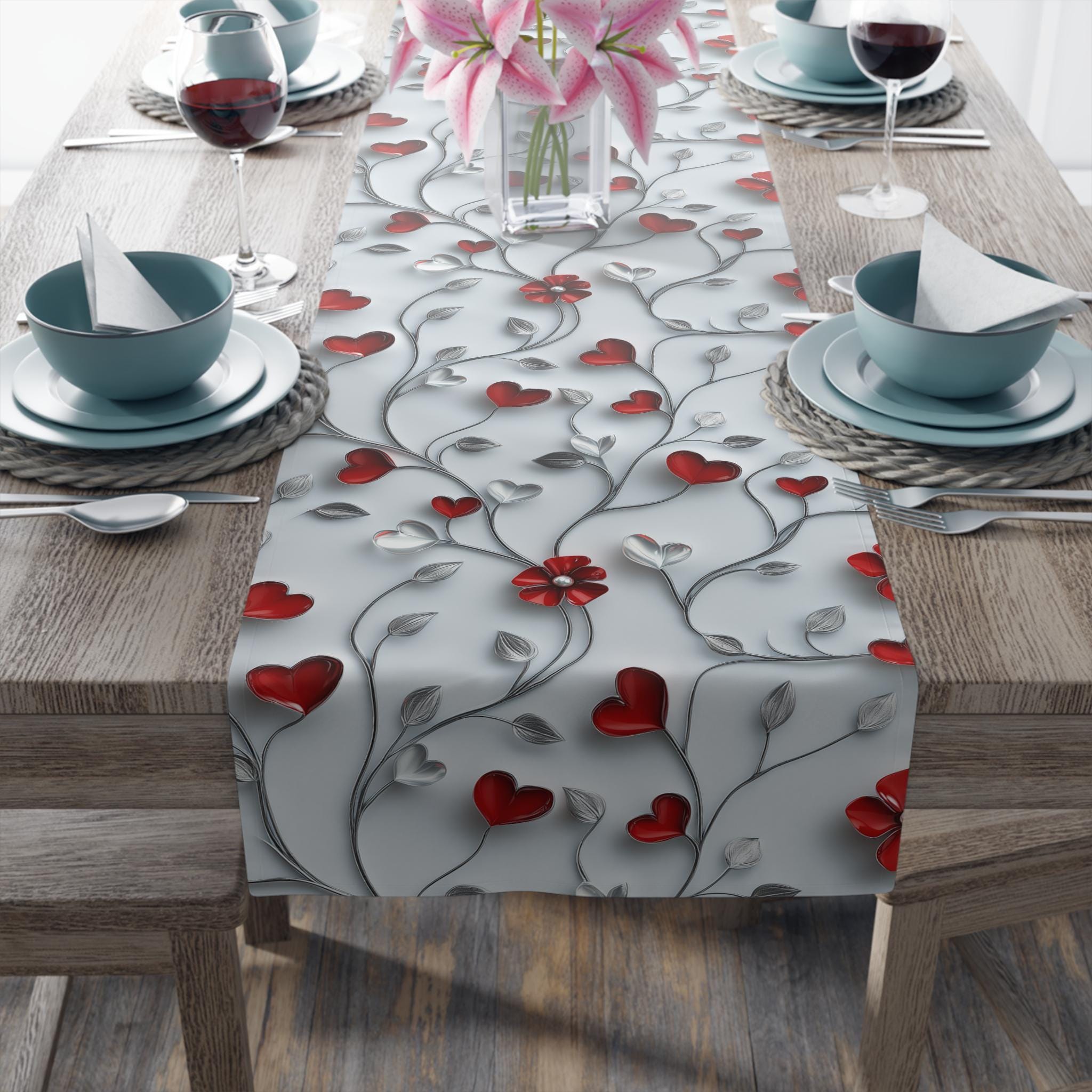 Table Runner: Romantic Red Flowers and Silver Vines