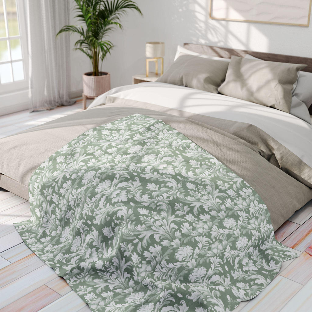 Damask Pattern Pastel Green Fleece Blanket, Vintage Style Throw Blanket for Living Room Bedroom