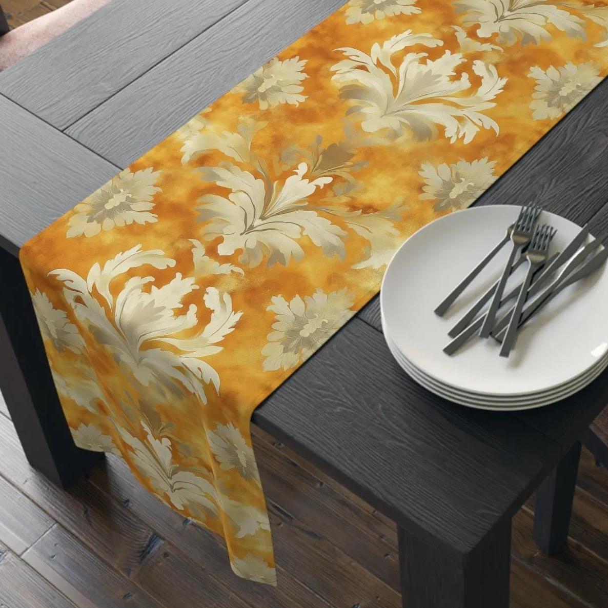 Damask Table Runner, Pumpkin Spice Fall Decor, Elegant Dining Accent