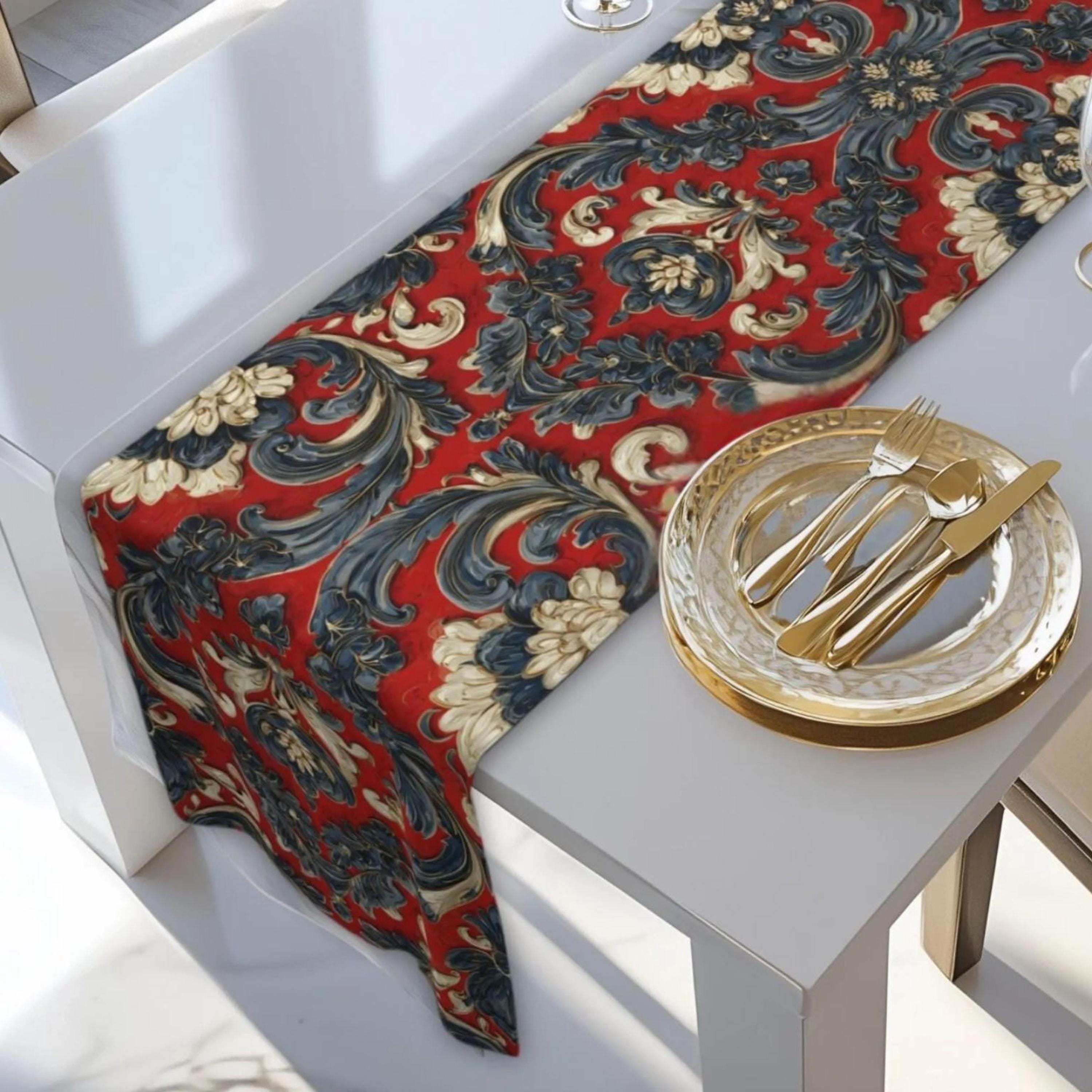 Quietly Patriotic Table Runner: Elegant Americana Scroll Design