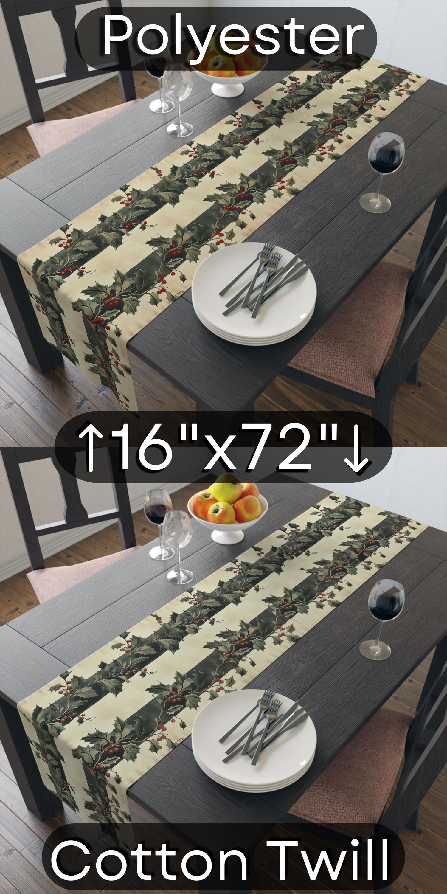 Classic Vintage Style Holly & Stripes Table Runner: Botanical Winter Holiday Dining Decor