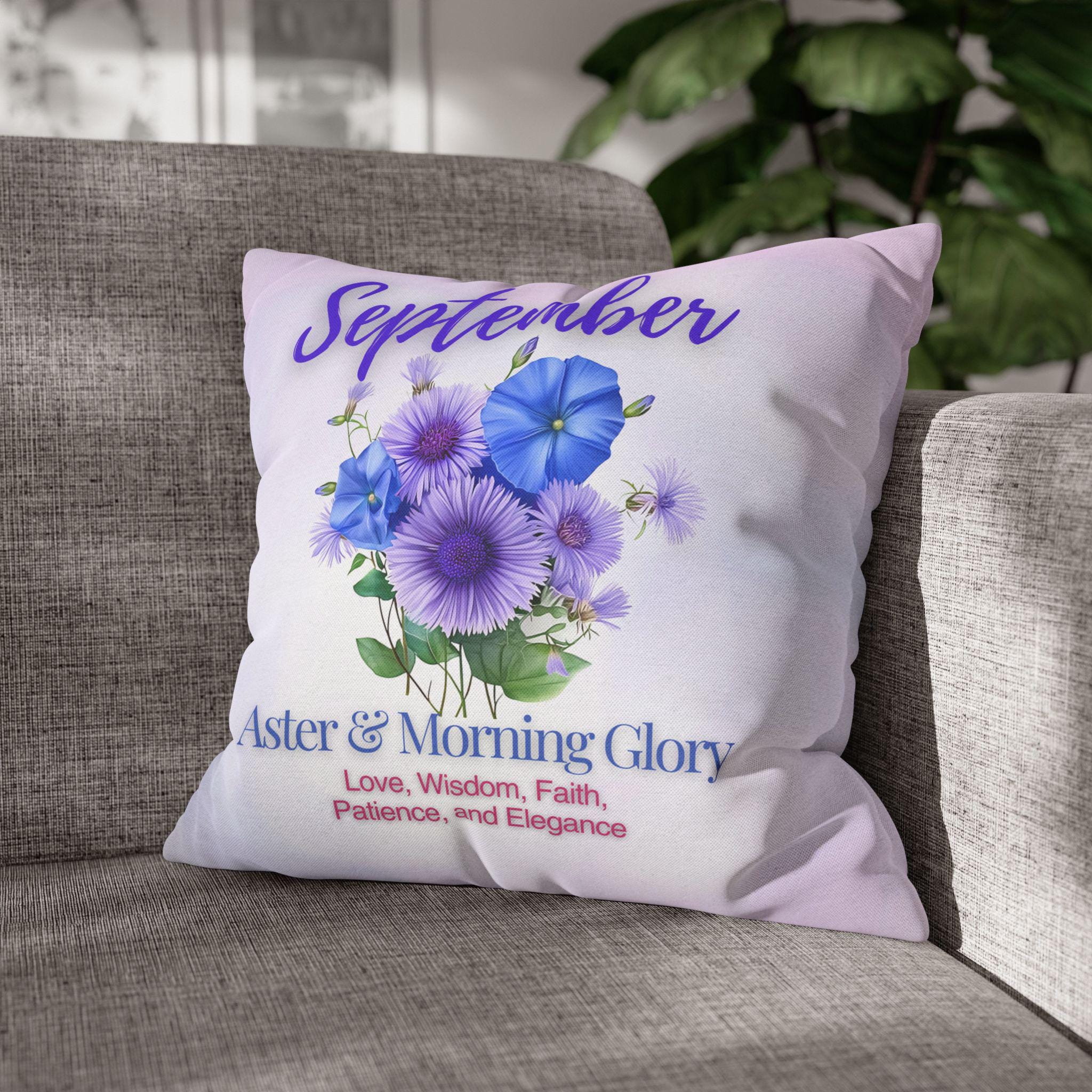 September Birth Flower Pillow Cover: Aster & Morning Glory Design - Elegant Floral Home Decor Gift