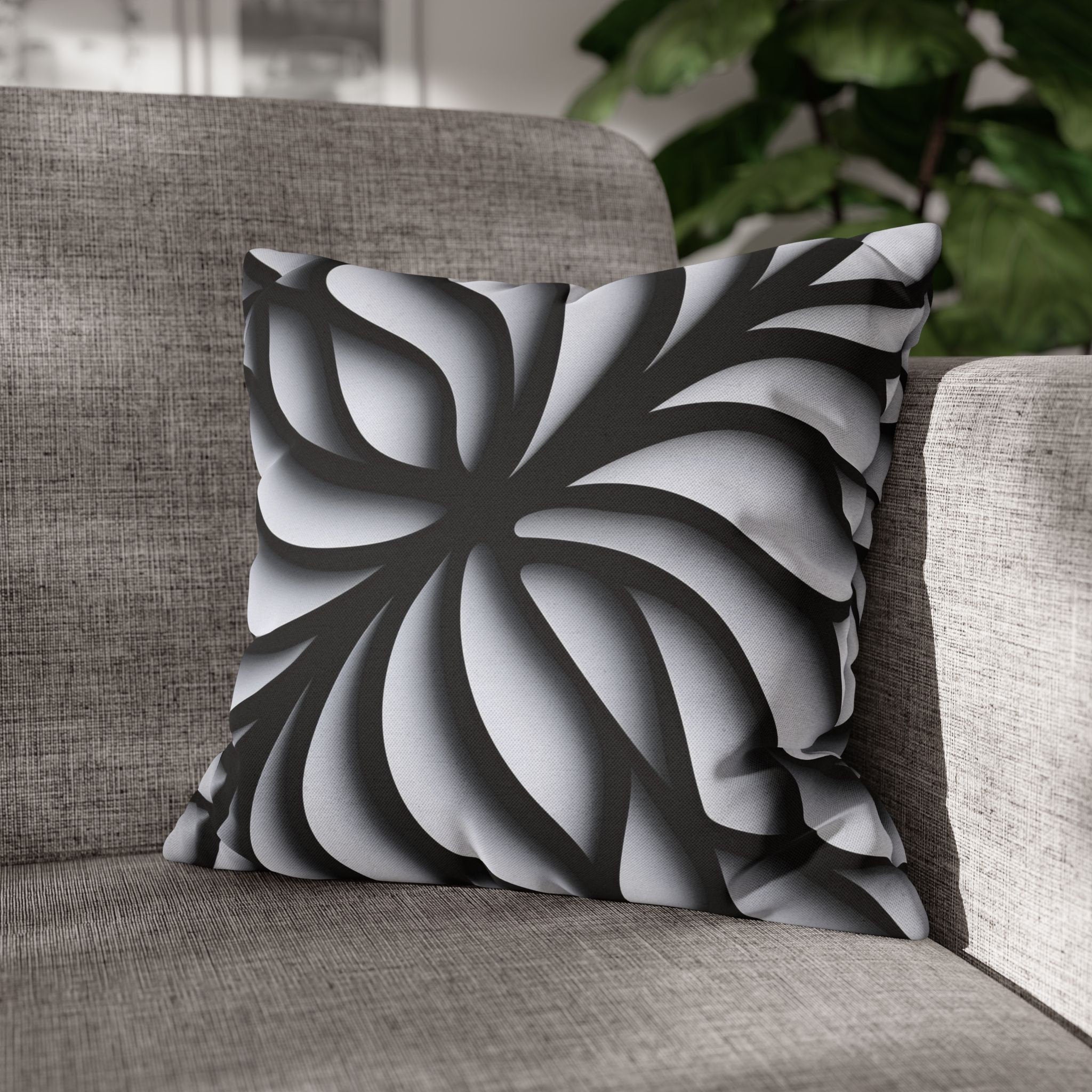 Abstract Floral Pillow Cover, Black and White Geometric Cushion