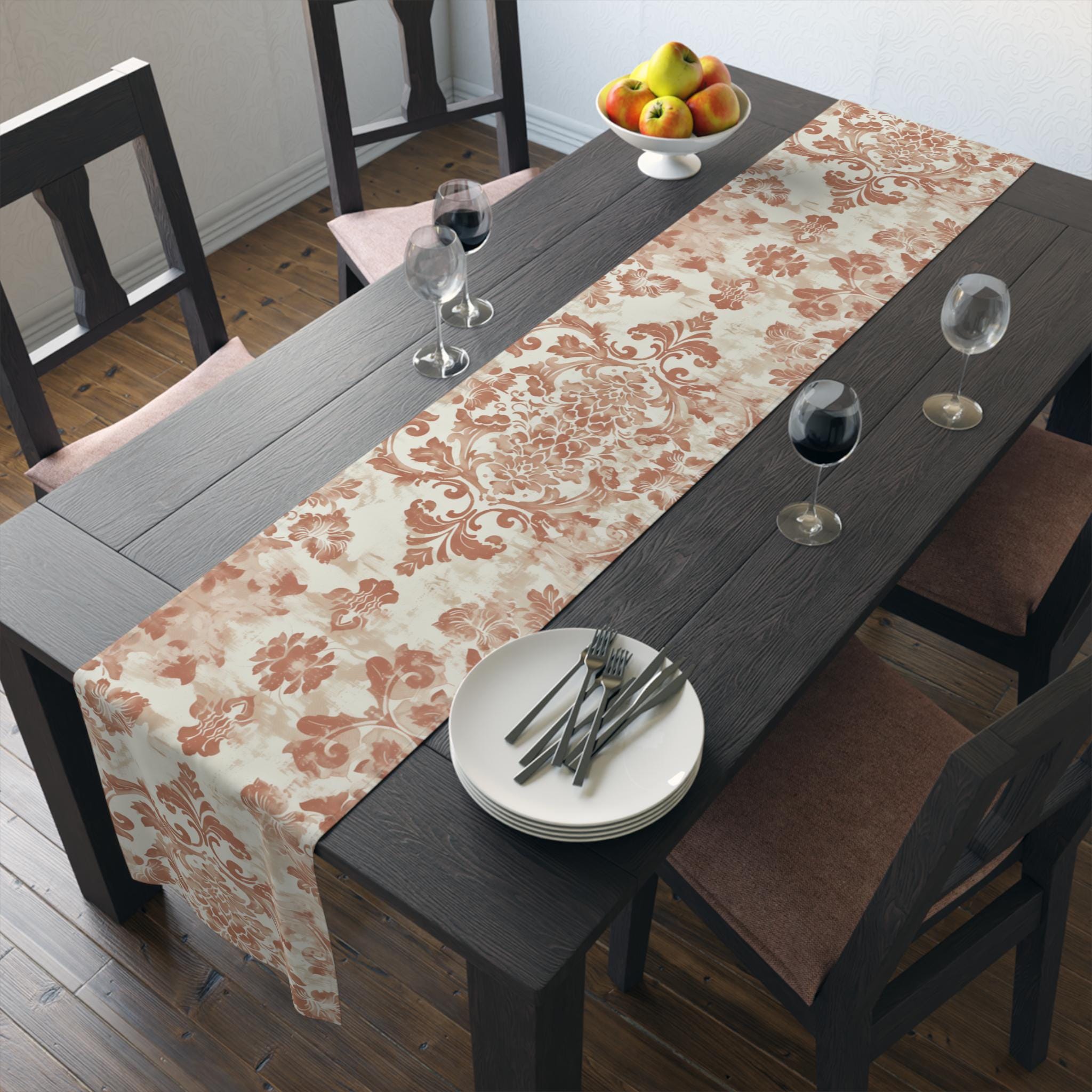 Vintage Style French Country Table Runner: Distressed Damask Cotton Rustic Farmhouse Dining Decor