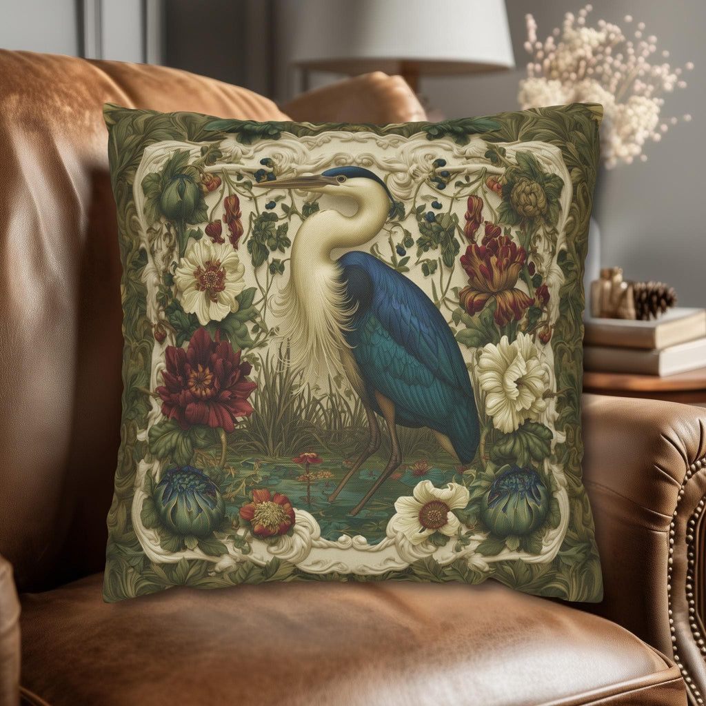 William Morris Style Heron Pillow Cover: Botanical Marsh Floral Art