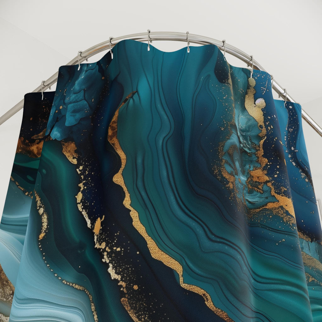 Ocean Wave Shower Curtain: Teal Navy Marble Print with Gold Accents