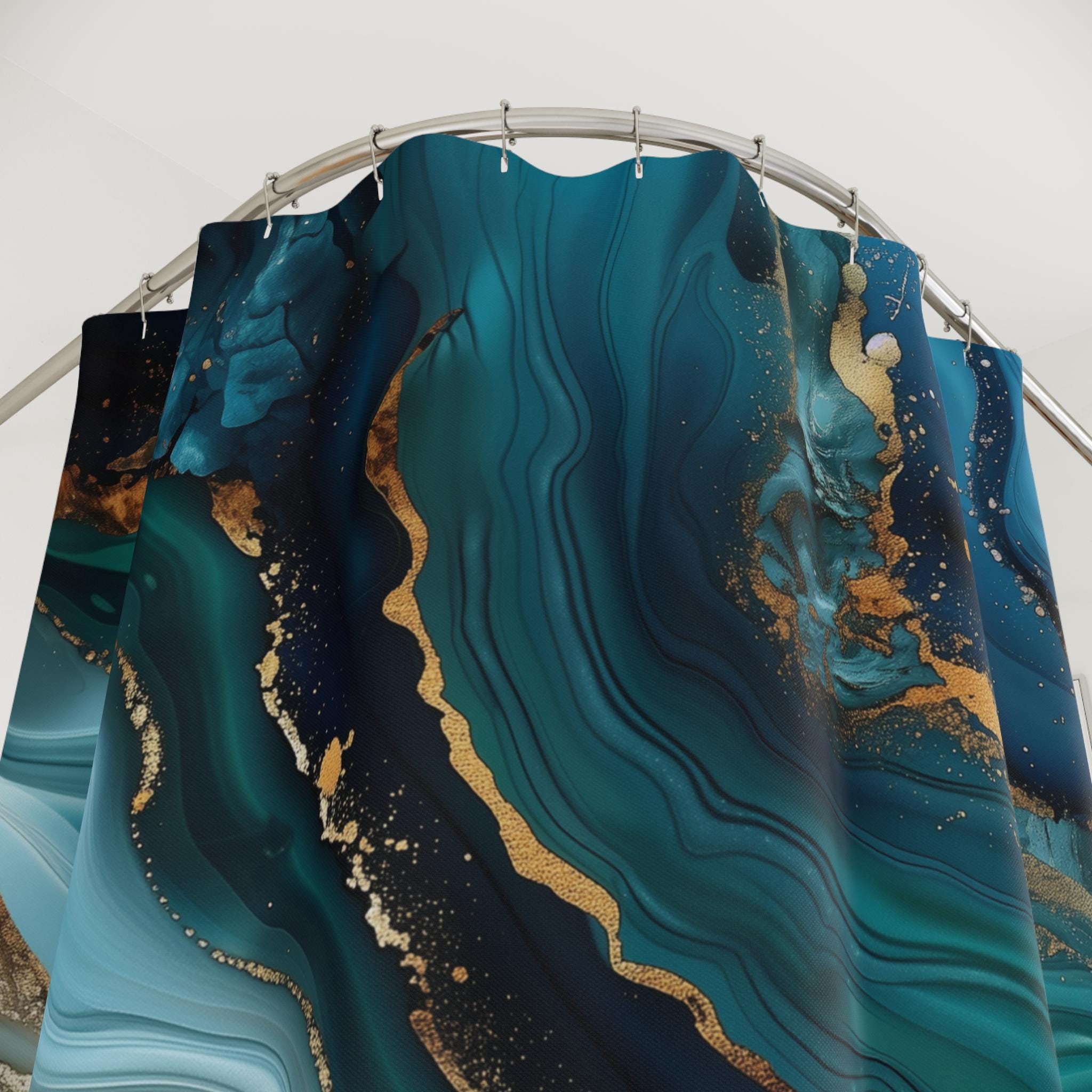 Ocean Wave Shower Curtain: Teal Navy Marble Print with Gold Accents