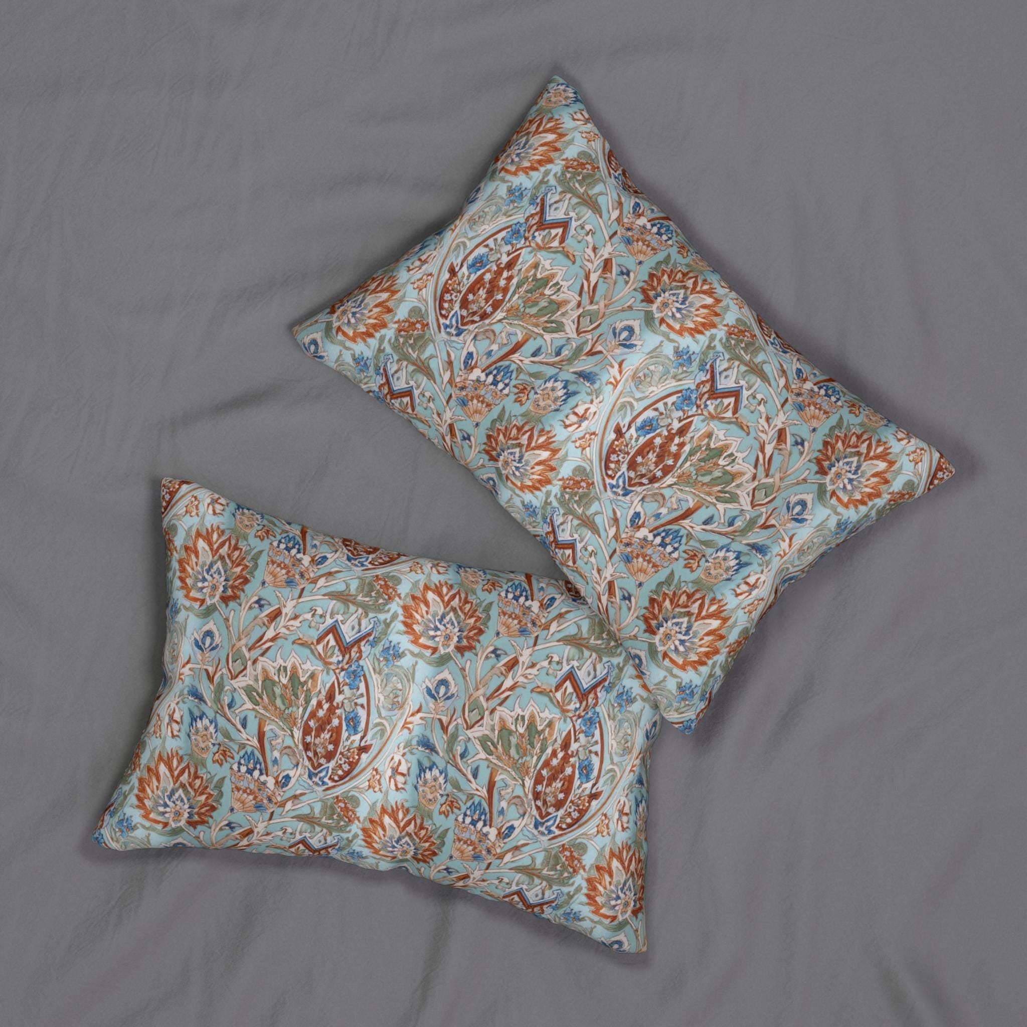 Ottoman Garden Lumbar Pillow: Iznik-Style Tulips, Aqua Ground, Global Sophistication