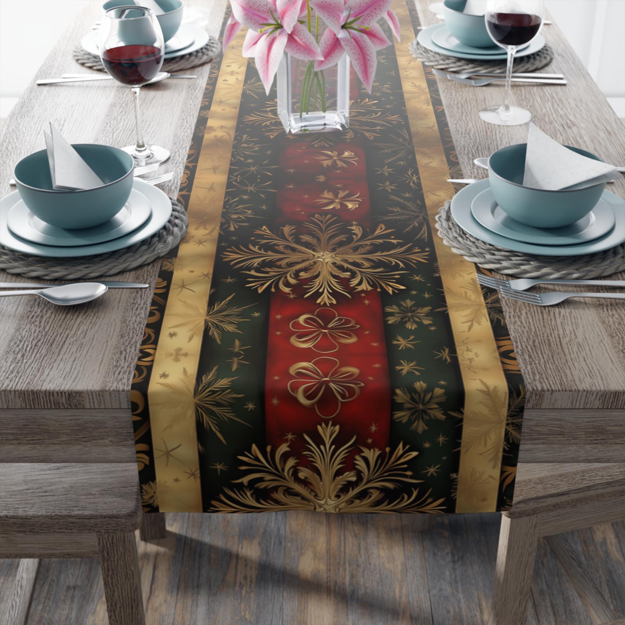 Vintage-Inspired Christmas Table Runner: Red, Gold & Green Snowflake Design for Elegant Holiday Decor