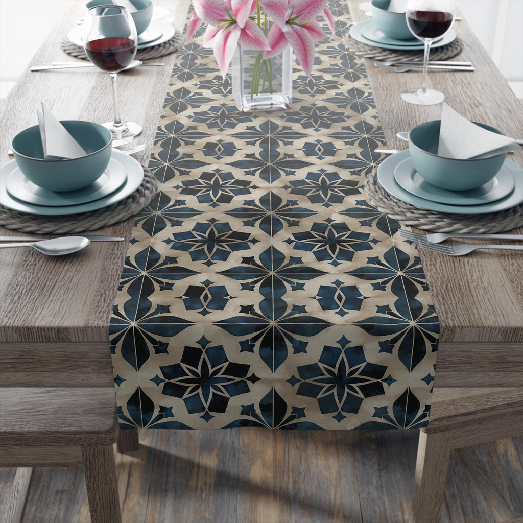 Moroccan Tile-Inspired Table Runner Geometric Pattern, Navy Blue Beige