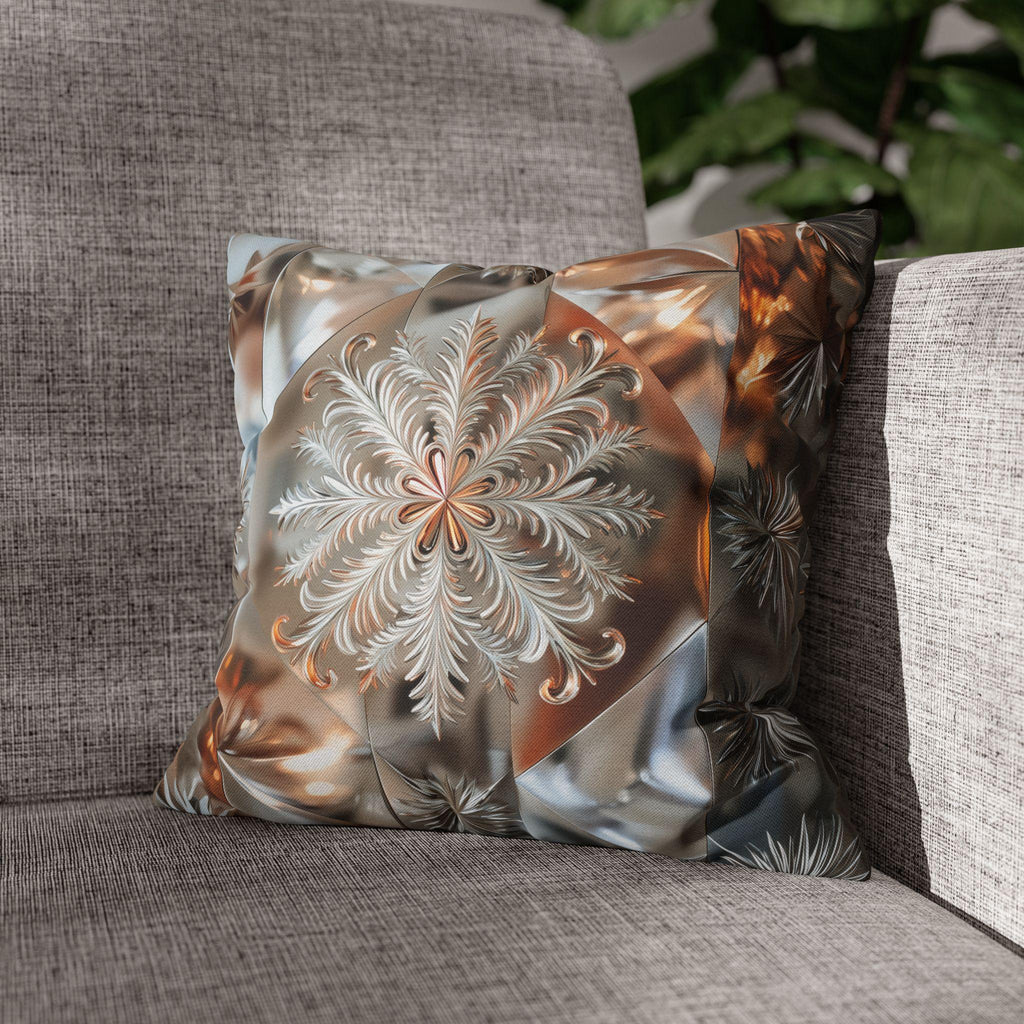Snowflake Luxury Pillow Cover, Holiday Inspired Winter Charm, Silver Bronze Champagne Tones Square Pillowcase
