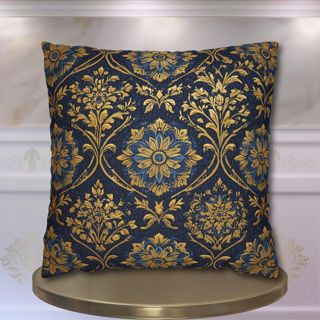 Blue and Gold Damask Pillow Cover: Vintage Style Regal Cushion