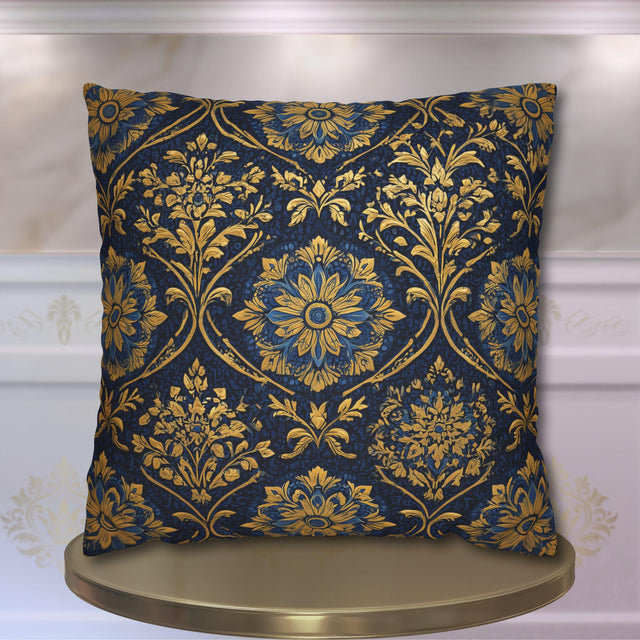 Blue and Gold Damask Pillow Cover: Vintage Style Regal Cushion