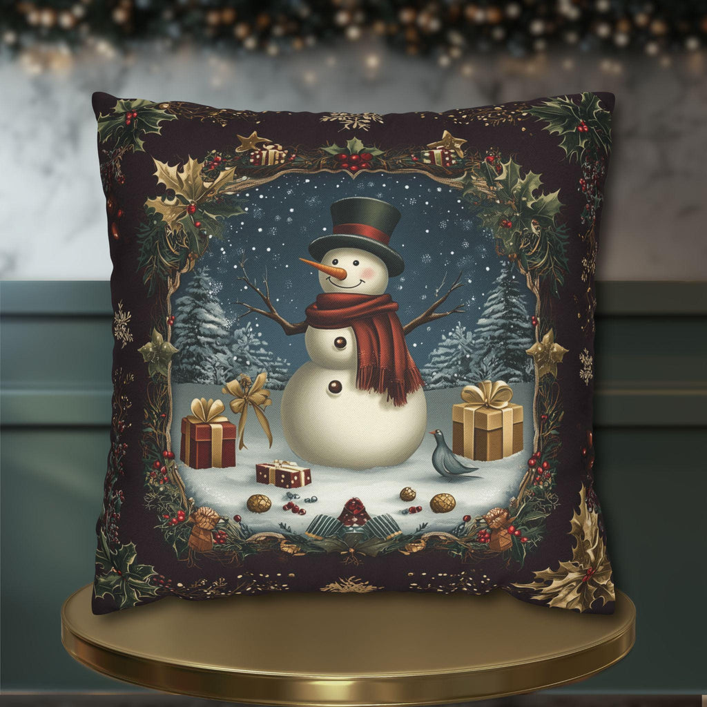 Vintage Style Holiday Pillow Cover: Burgundy and Gold Christmas Snowman Design