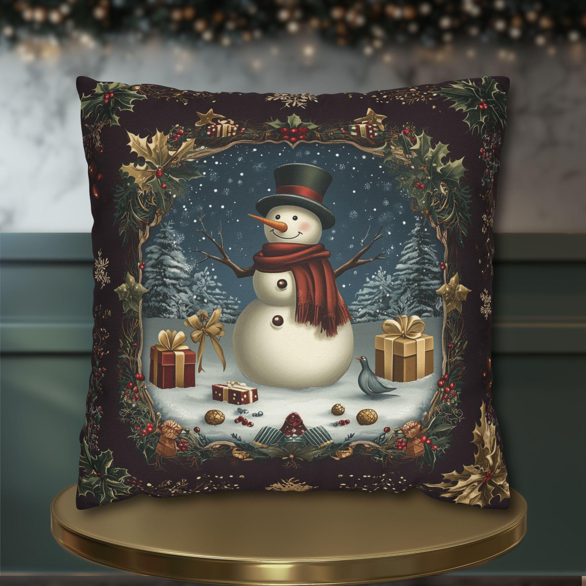 Vintage Style Holiday Pillow Cover: Burgundy and Gold Christmas Snowman Design