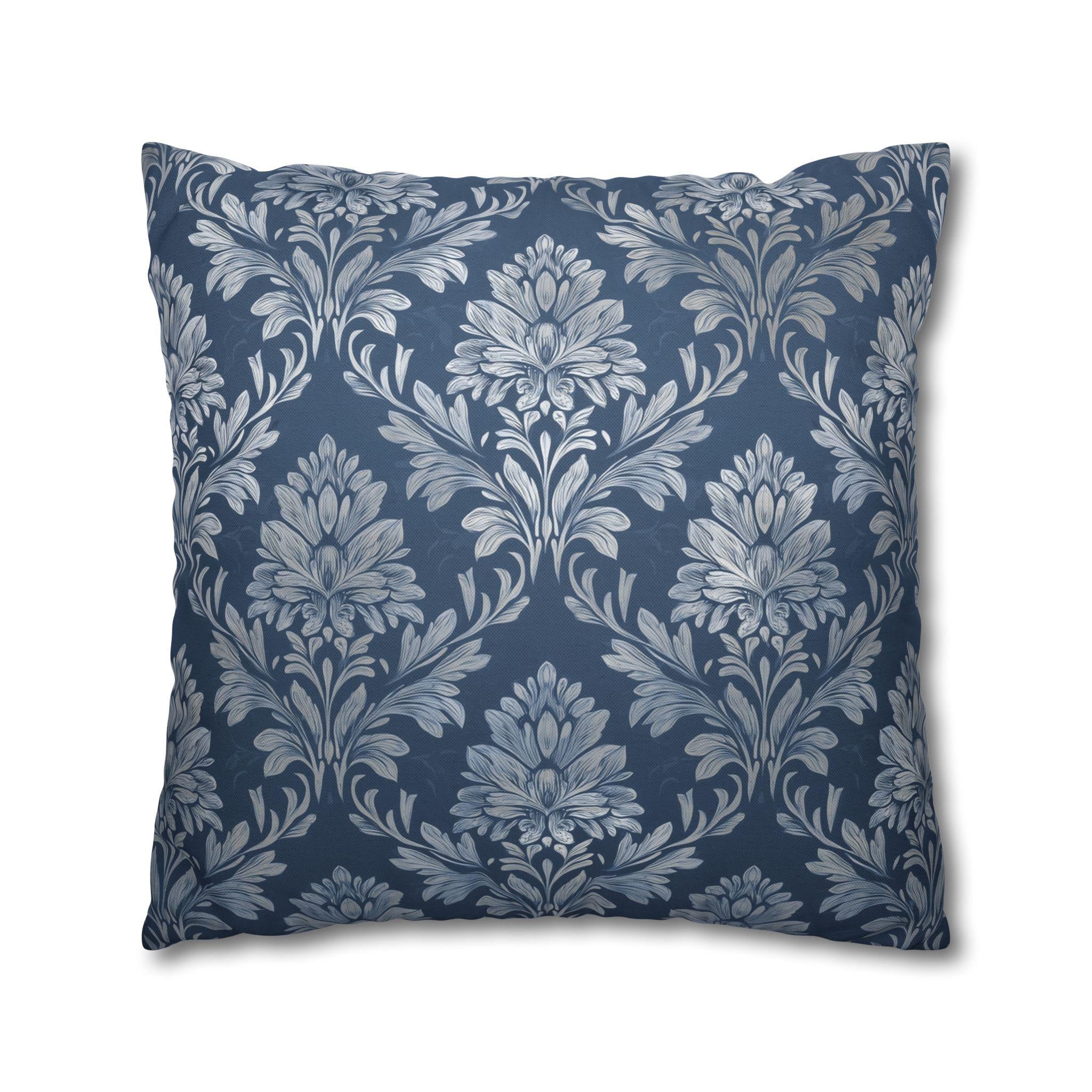 Slate Blue & Silver Damask Pillow Cover: Elegant Vintage Floral Cushion for Traditional Decor