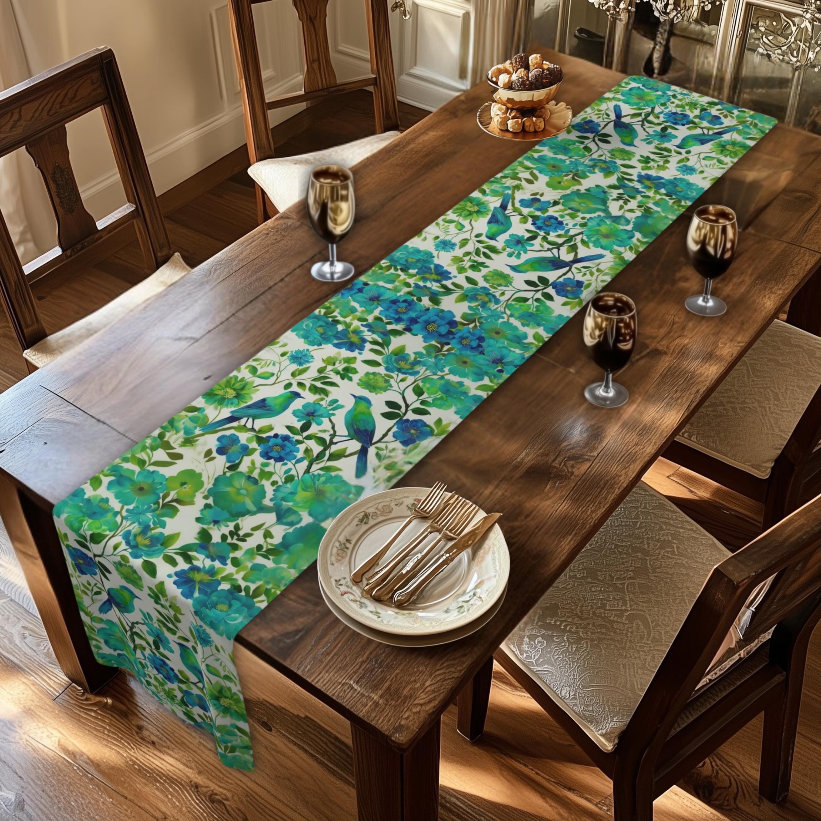 Chinoiserie Bird Table Runner: Teal Green Watercolor Floral