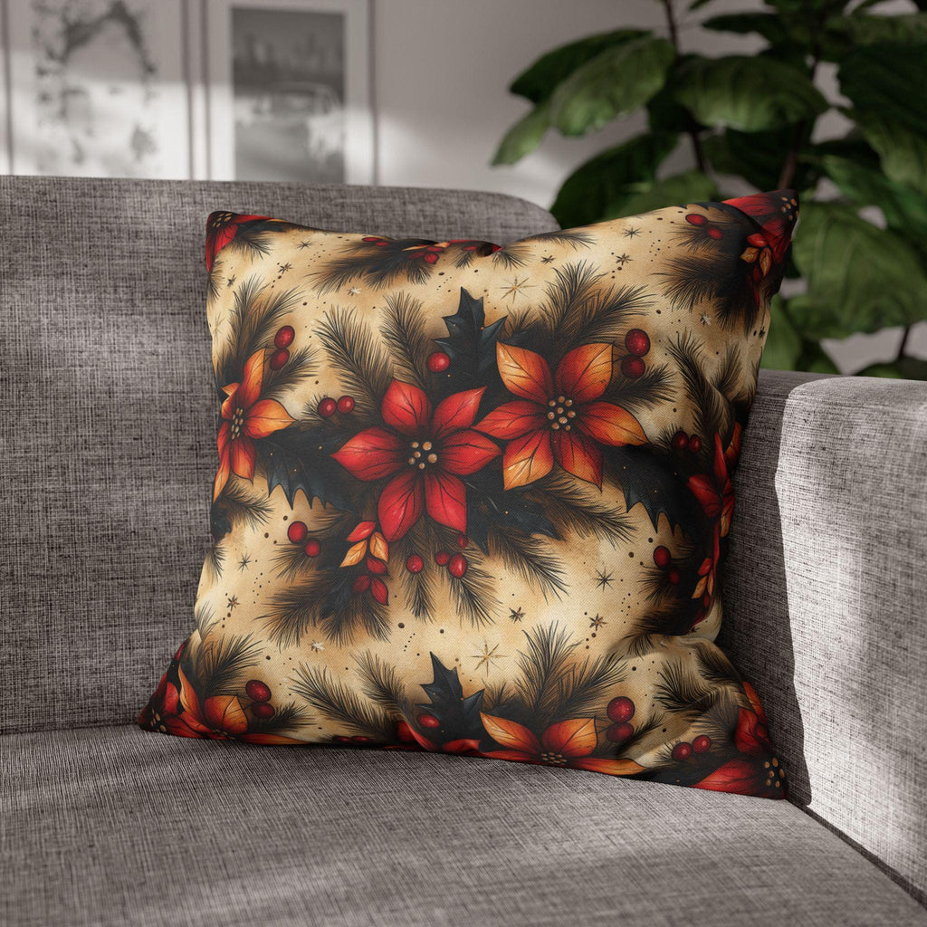 Christmas Poinsettia Pillowcase, Traditional Red and Green  Holiday Festive Home Decor Pillow Cover