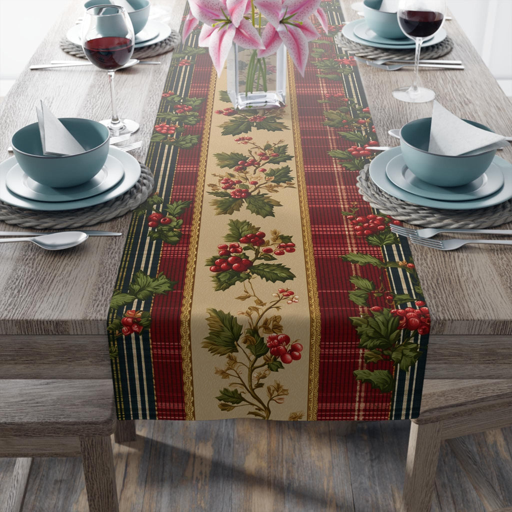 Christmas Table Runner: Classic Holly & Tartan Plaid
