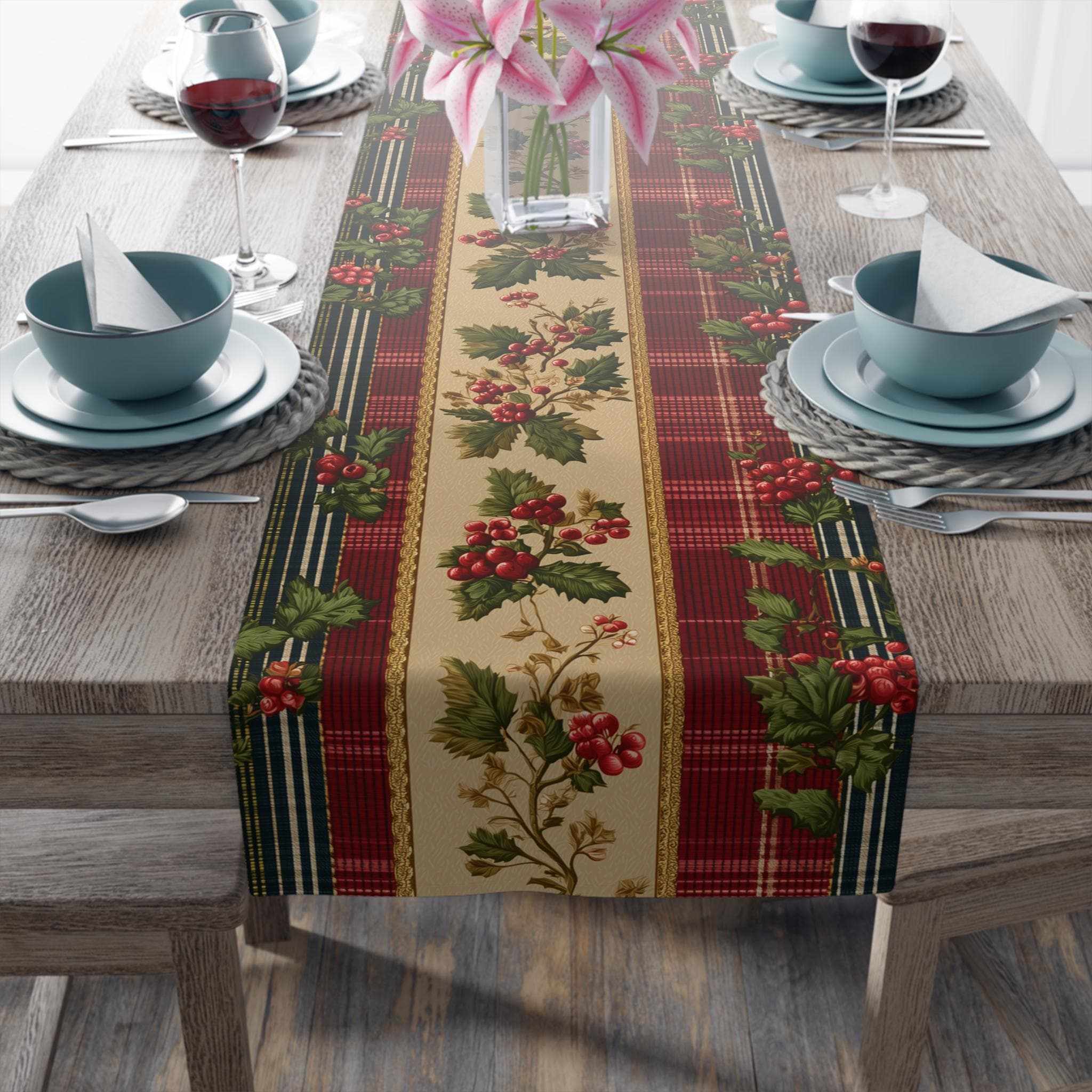 Christmas Table Runner: Classic Holly & Tartan Plaid