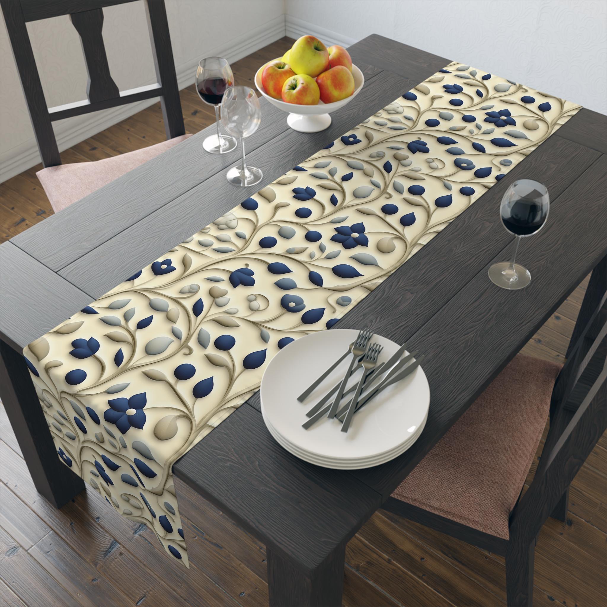 William Morris Inspired Navy & Taupe Floral Table Runner: Elegant Botanical Dining Decor