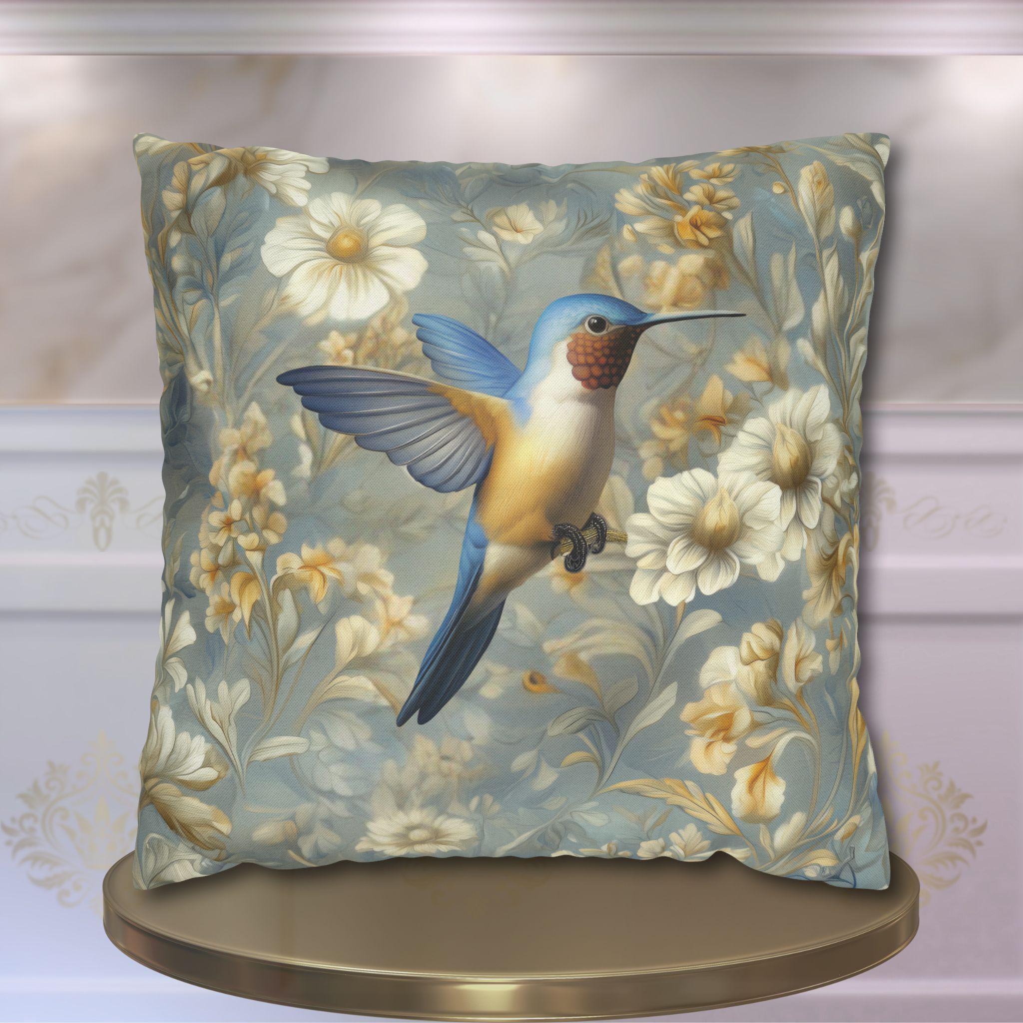 William Morris Hummingbird Pillow Cover: Blue & Gold Arts and Crafts Botanical Cushion Case